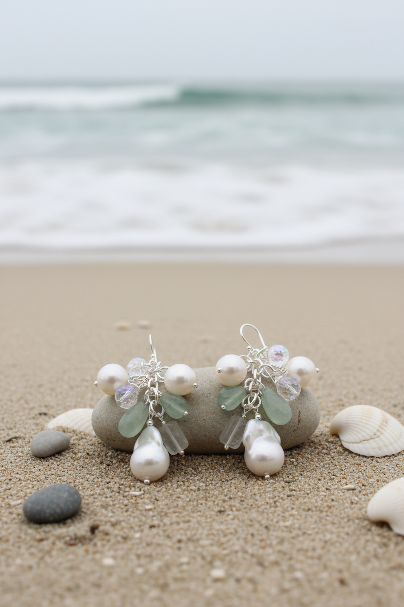 Pearl and Gemstone Earrings Beach Scene