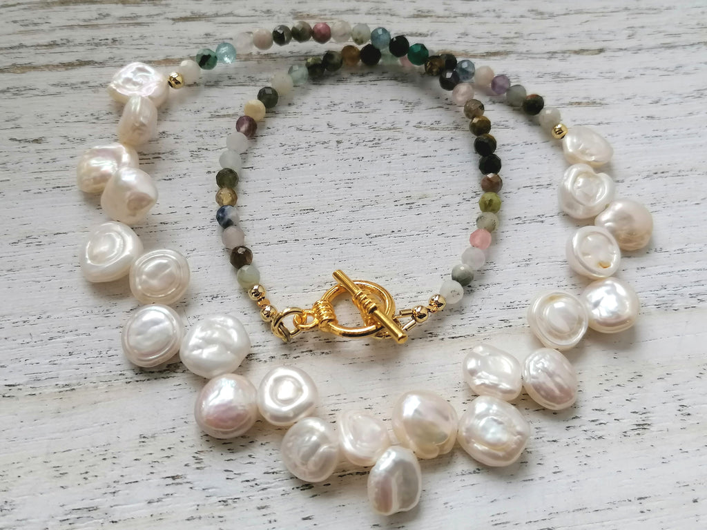 Semi-precious Gemstone Necklace Cultured Freshwater Baroque pearls