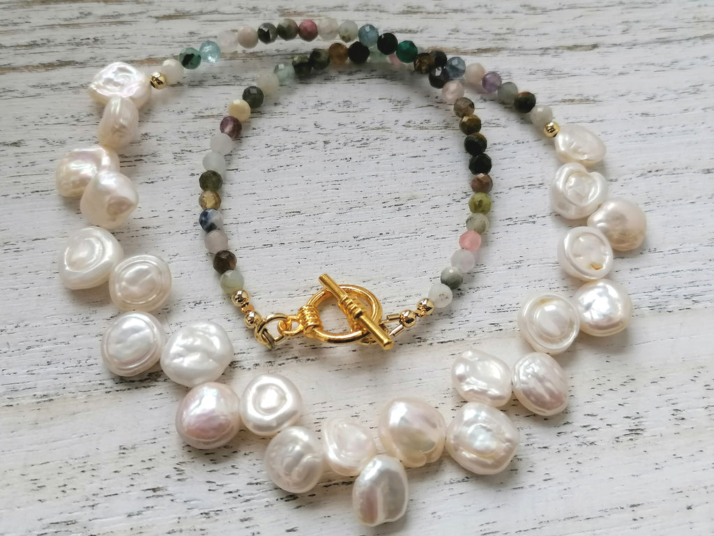 Semi-precious Gemstone Necklace Cultured Freshwater Baroque pearls