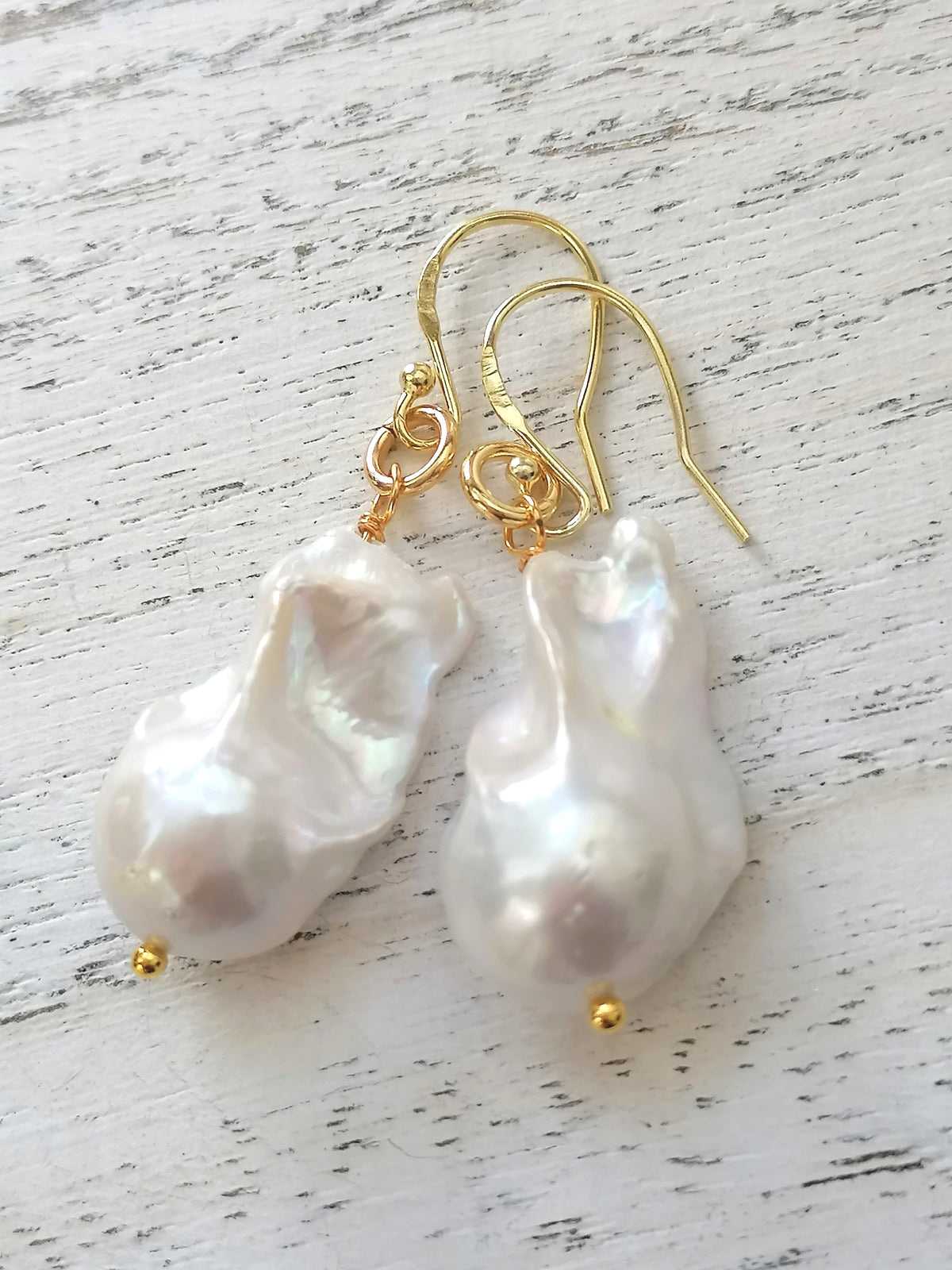 14ct Gold 925 Sterling Silver Cultured Freshwater Baroque Flame ball Earrings Creamy White