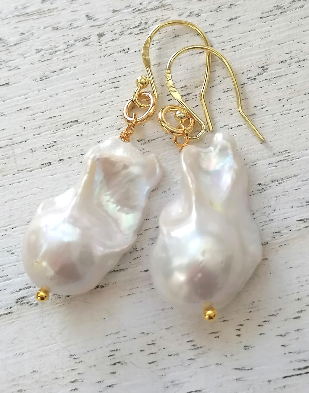 14ct Gold 925 Sterling Silver Cultured Freshwater Baroque Flame ball Earrings Creamy White