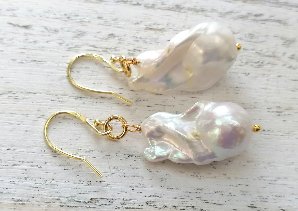 14ct Gold 925 Sterling Silver Cultured Freshwater Baroque Flame ball Earrings Creamy White
