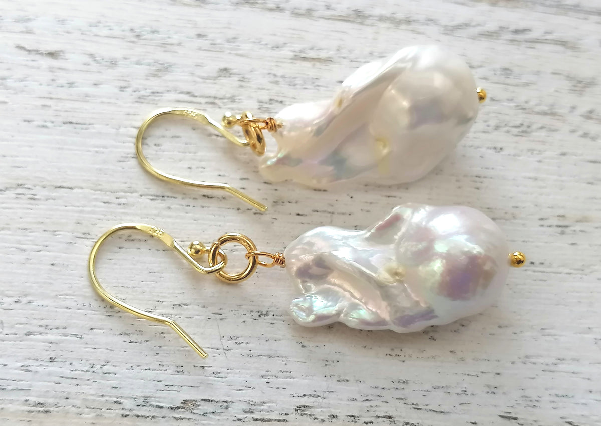 14ct Gold 925 Sterling Silver Cultured Freshwater Baroque Flame ball Earrings Creamy White