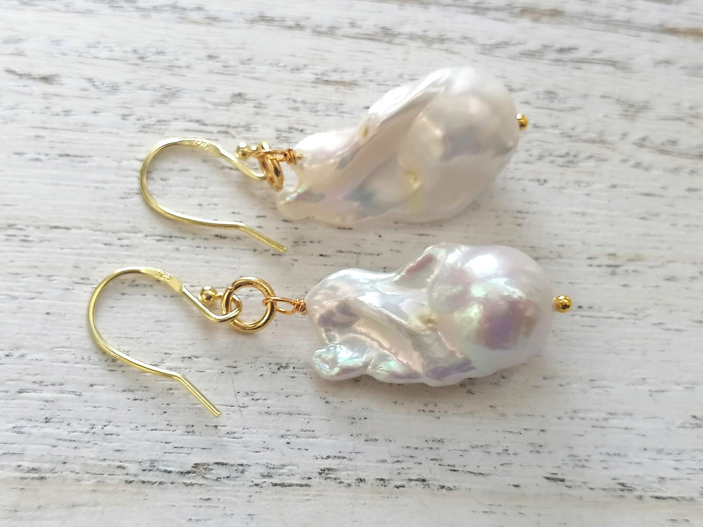 14ct Gold 925 Sterling Silver Cultured Freshwater Baroque Flame ball Earrings Creamy White