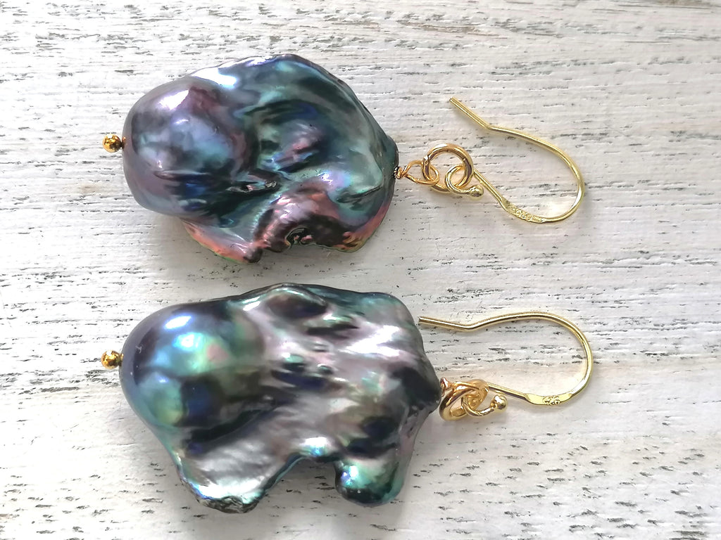 14ct Gold 925 Sterling Silver Cultured Freshwater Baroque Flame ball Earrings