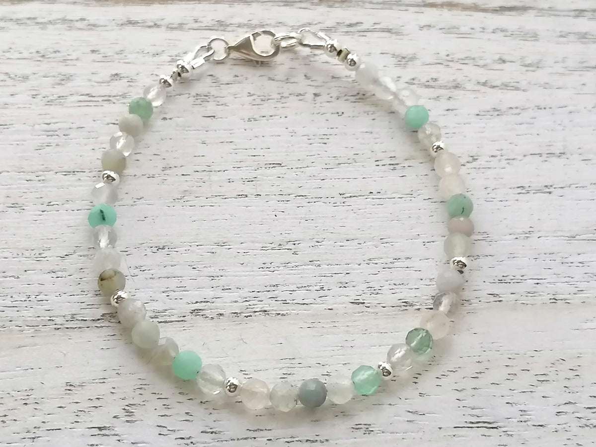 925 Sterling Silver Semi-Precious Gemstone Bracelet with Aquamarine, Topaz & Rock Crystal
