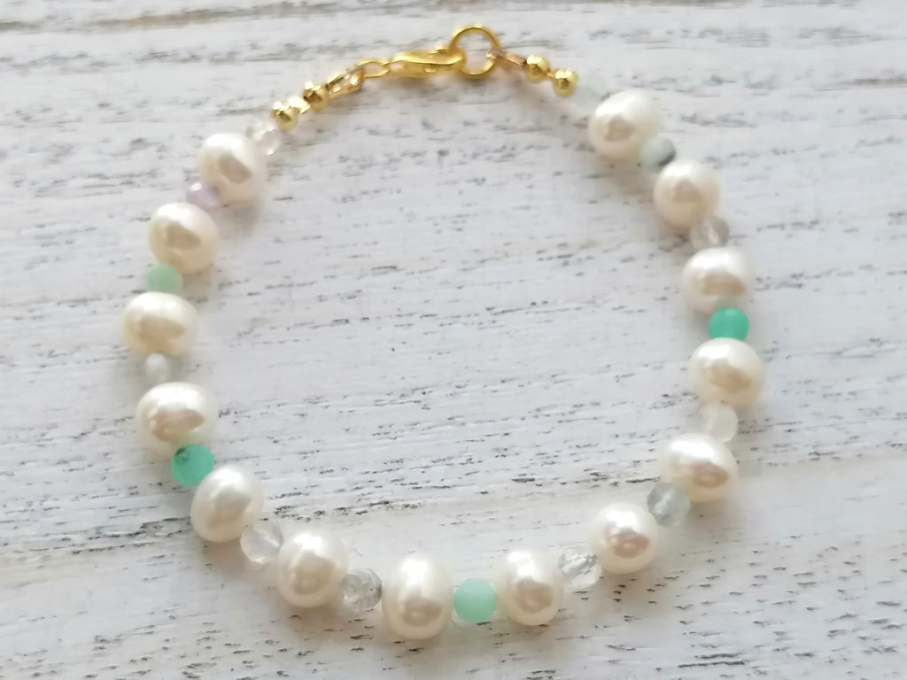 24ct Gold Vermeil 925 Sterling Silver Freshwater Pearl & Gemstone Bracelet