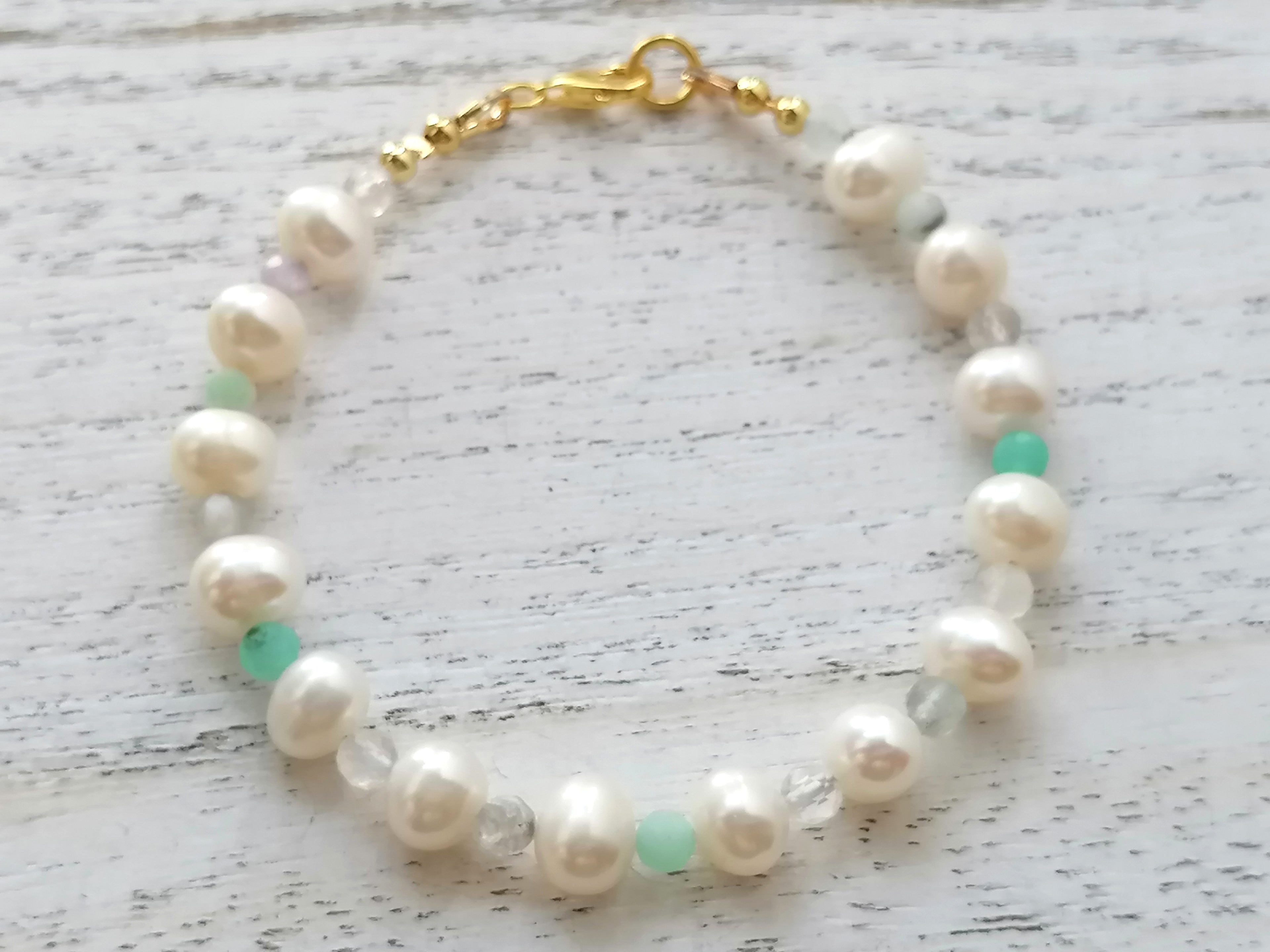 24ct Gold Vermeil 925 Sterling Silver Freshwater Pearl & Gemstone Bracelet