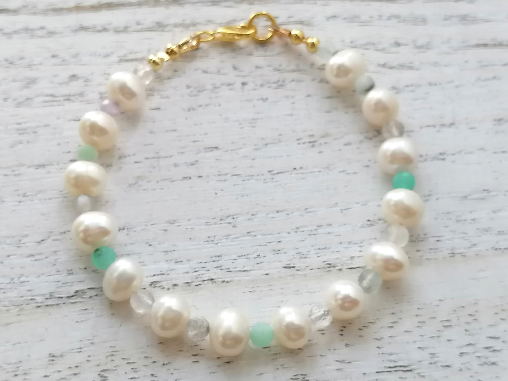 24ct Gold Vermeil 925 Sterling Silver Freshwater Pearl & Gemstone Bracelet