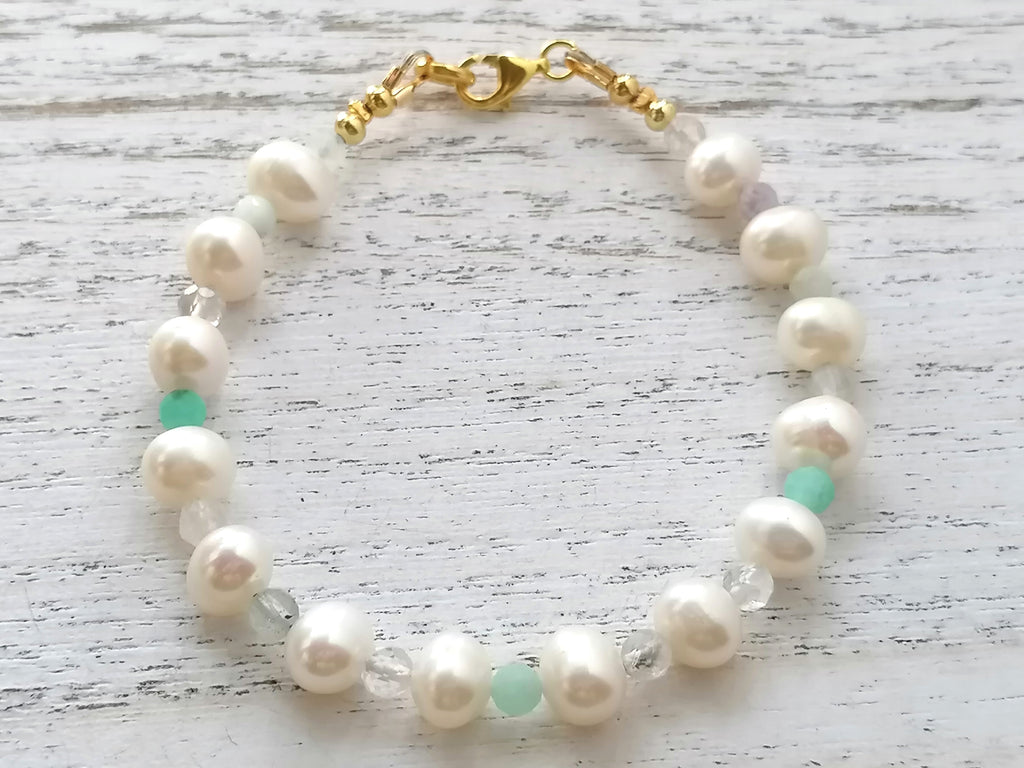 24ct Gold Vermeil 925 Sterling Silver Freshwater Pearl & Gemstone Bracelet