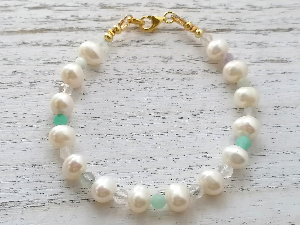 24ct Gold Vermeil 925 Sterling Silver Freshwater Pearl & Gemstone Bracelet