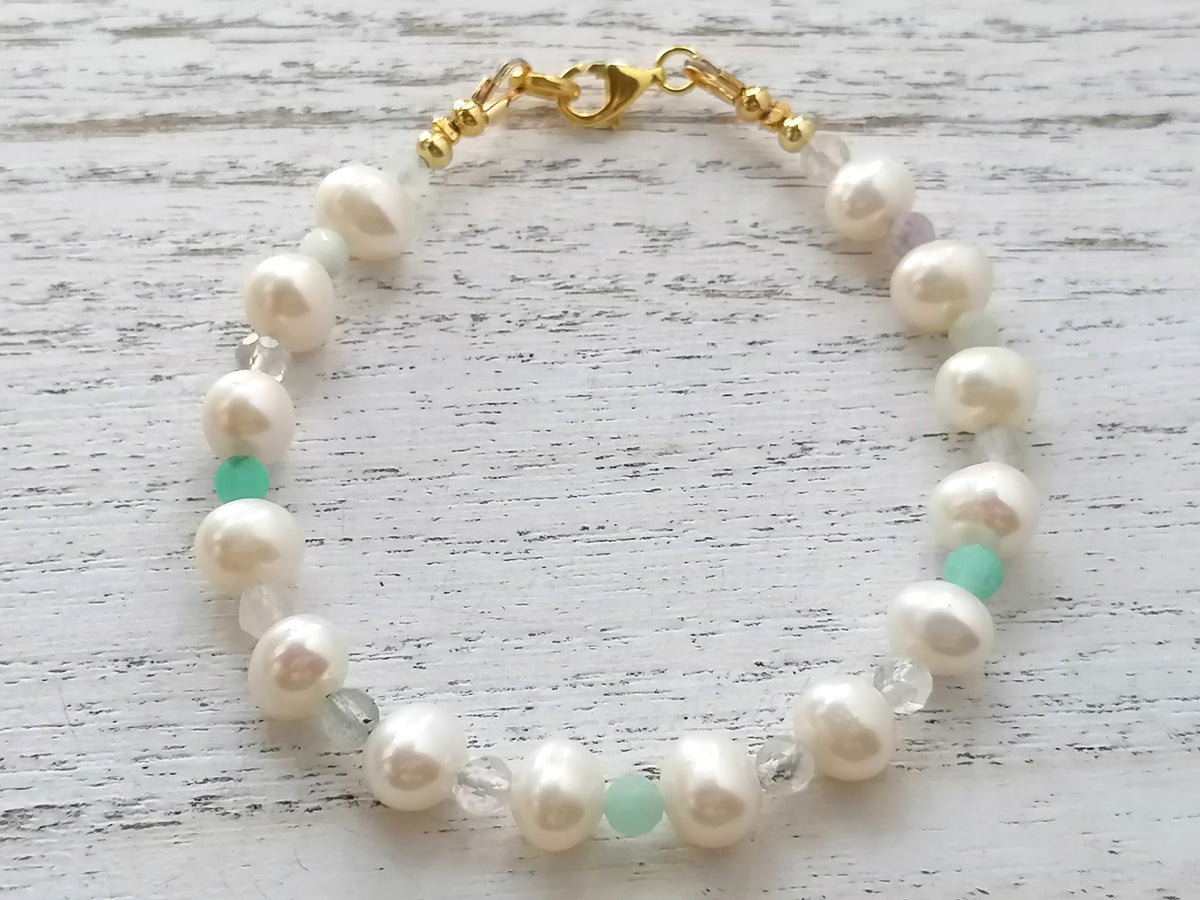24ct Gold Vermeil 925 Sterling Silver Freshwater Pearl & Gemstone Bracelet
