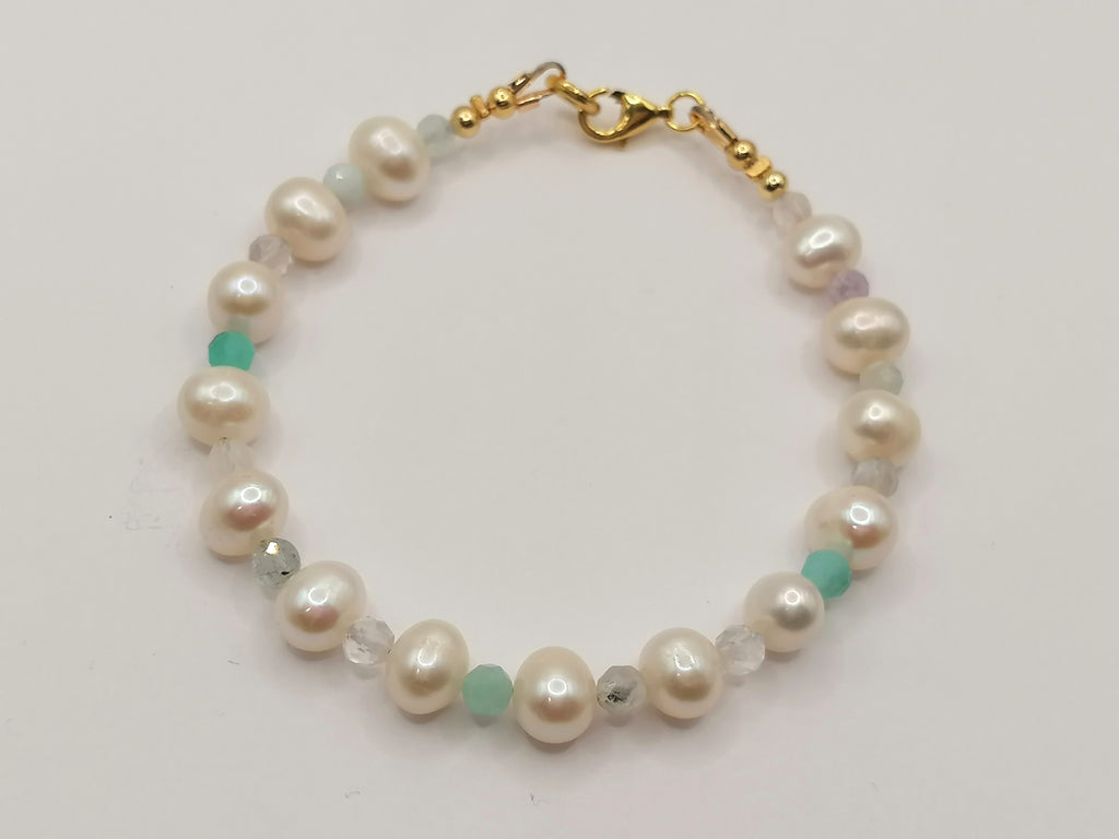 24ct Gold Vermeil 925 Sterling Silver Freshwater Pearl & Gemstone Bracelet