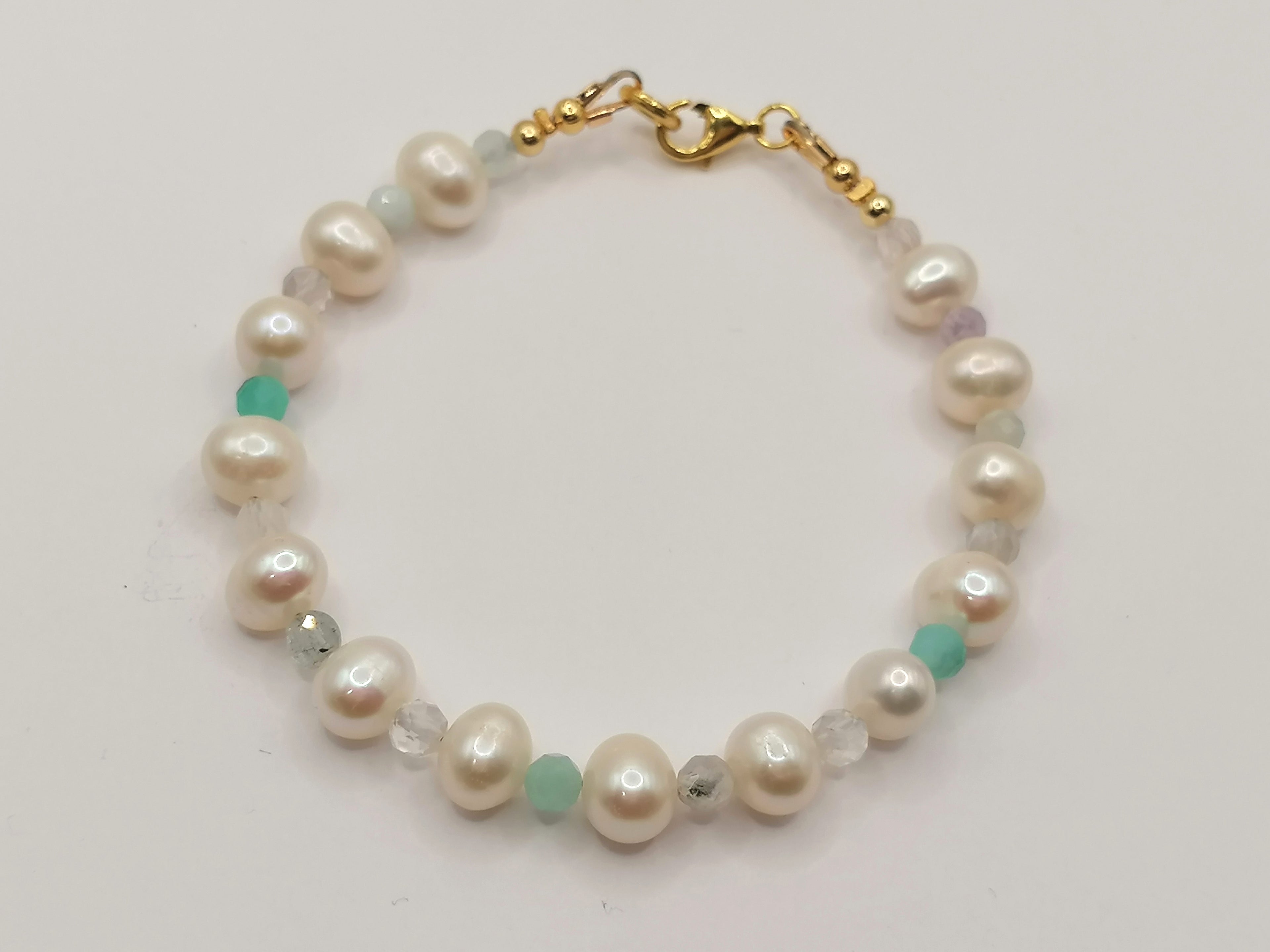 24ct Gold Vermeil 925 Sterling Silver Freshwater Pearl & Gemstone Bracelet