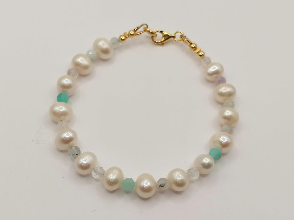 24ct Gold Vermeil 925 Sterling Silver Freshwater Pearl & Gemstone Bracelet