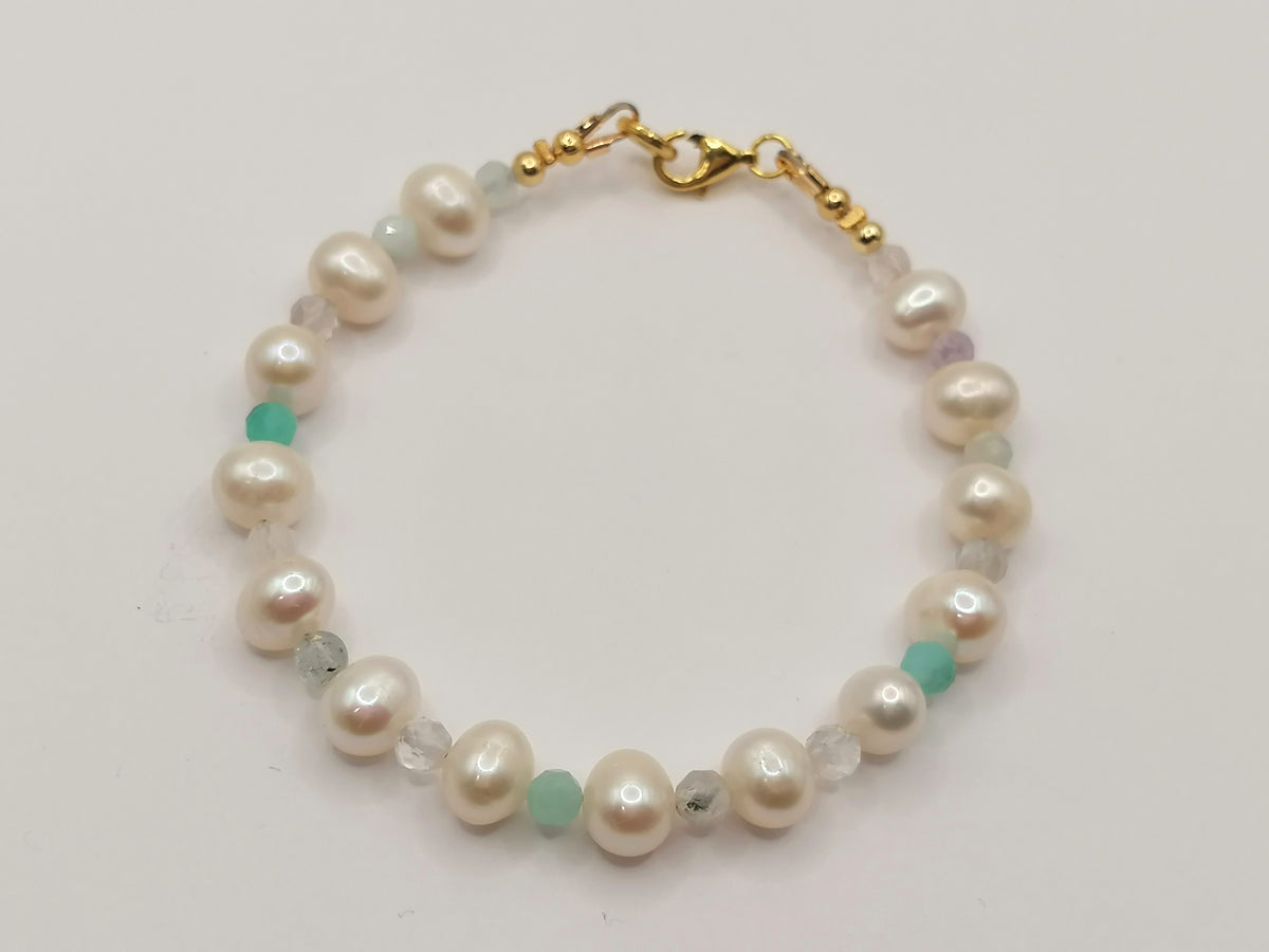 24ct Gold Vermeil 925 Sterling Silver Freshwater Pearl & Gemstone Bracelet