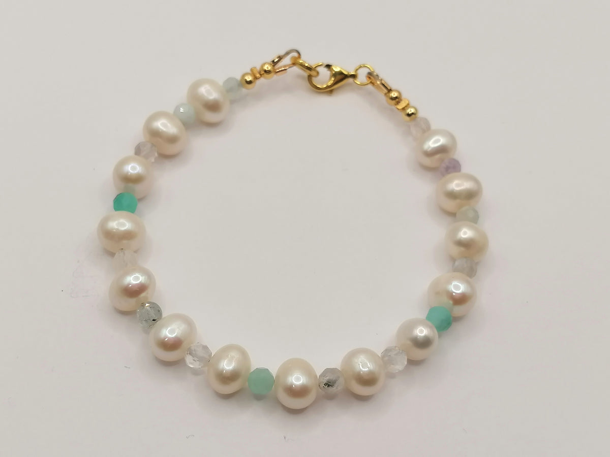 24ct Gold Vermeil 925 Sterling Silver Freshwater Pearl & Gemstone Bracelet