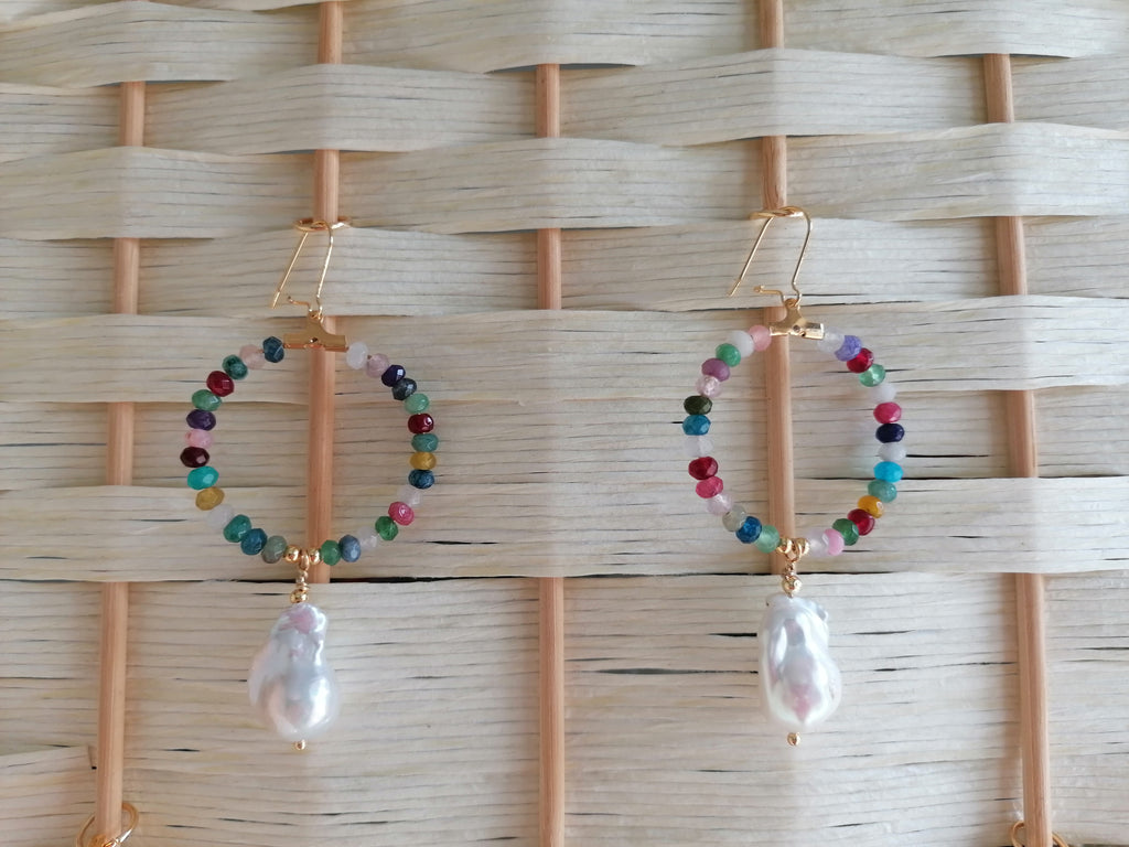 Mixed Quartz Hoop Earrings with Baroque Pearl Drops