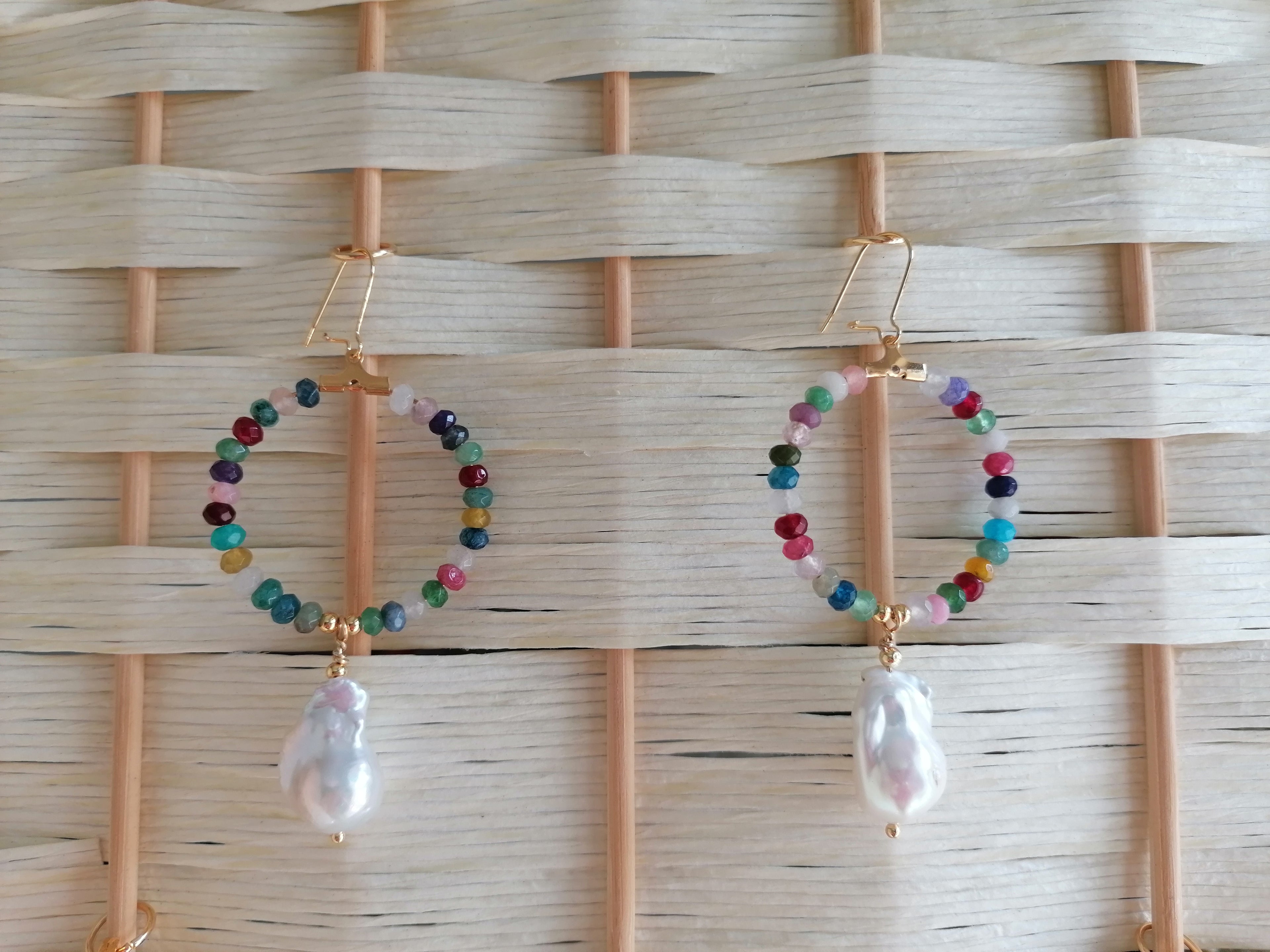 Mixed Quartz Hoop Earrings with Baroque Pearl Drops