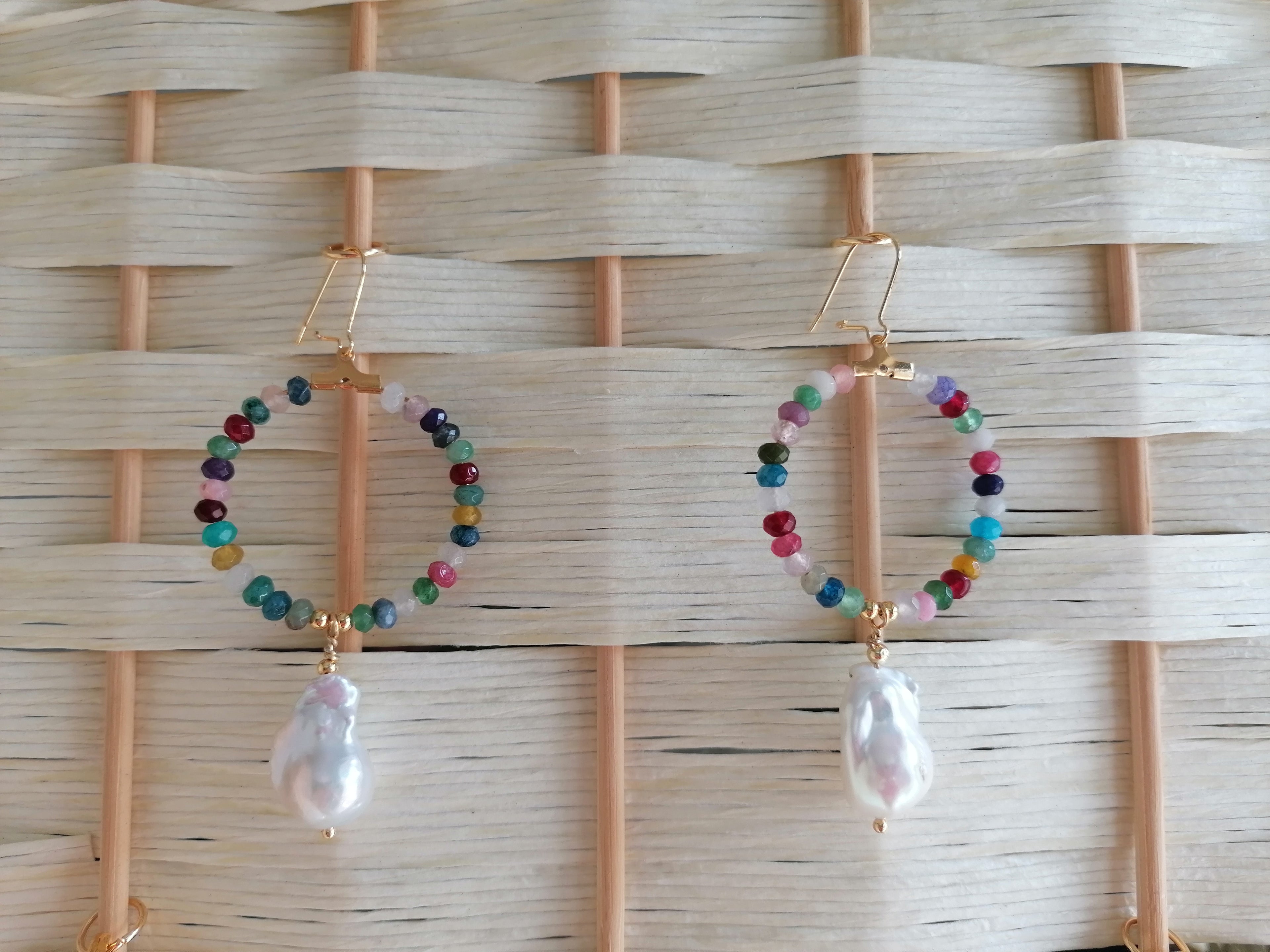 Mixed Quartz Hoop Earrings with Baroque Pearl Drops