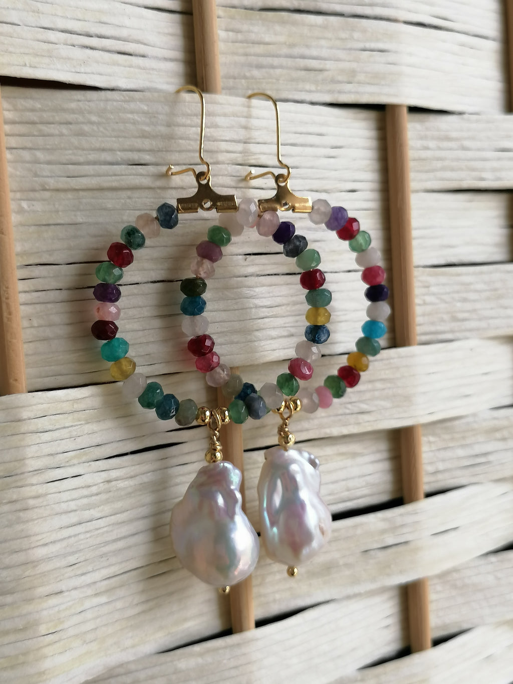 Mixed Quartz Hoop Earrings with Baroque Pearl Drops
