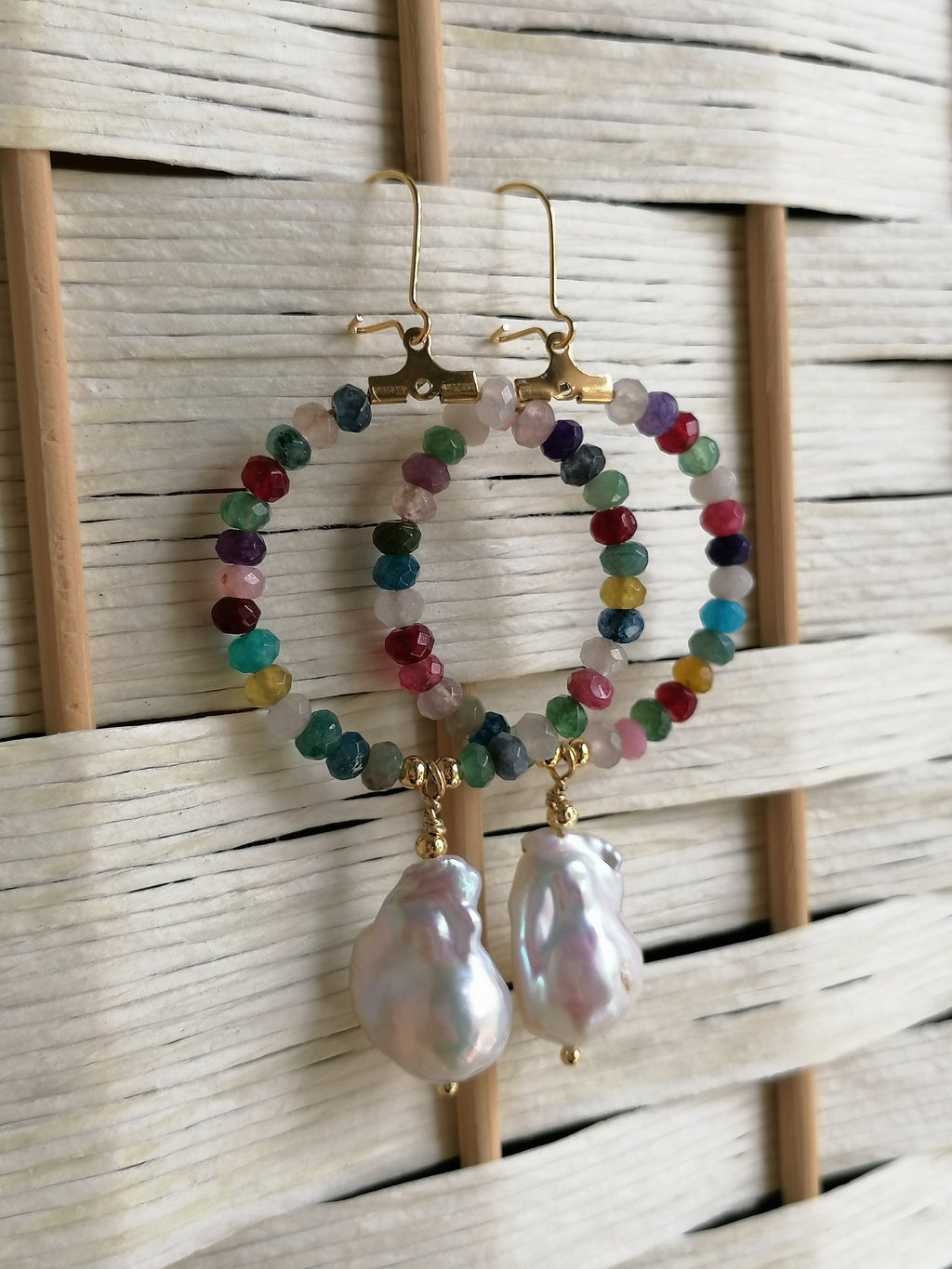 Mixed Quartz Hoop Earrings with Baroque Pearl Drops