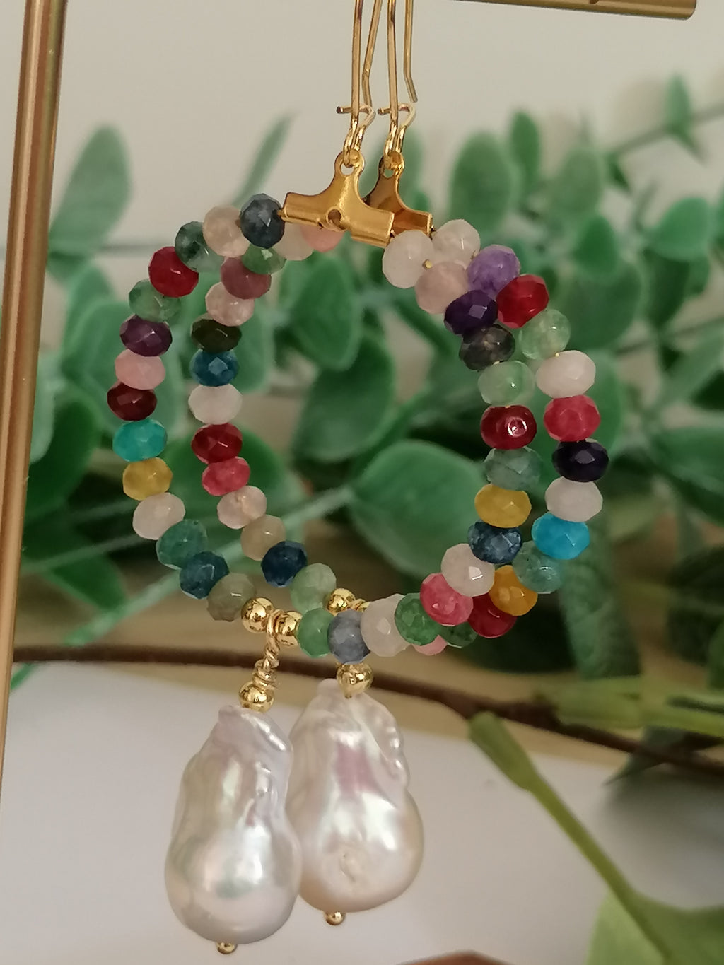 Mixed Quartz Hoop Earrings with Baroque Pearl Drops