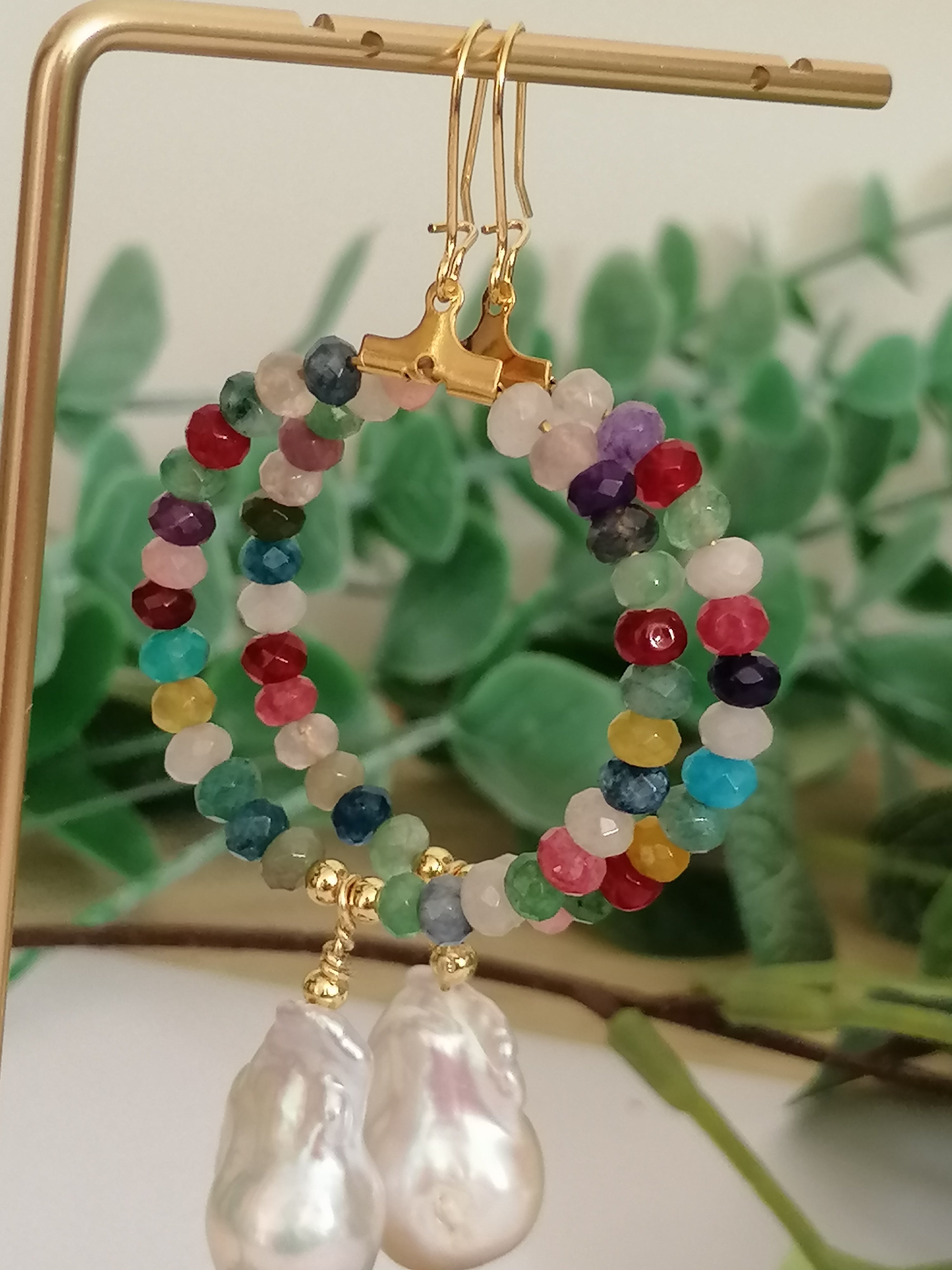 Mixed Quartz Hoop Earrings with Baroque Pearl Drops