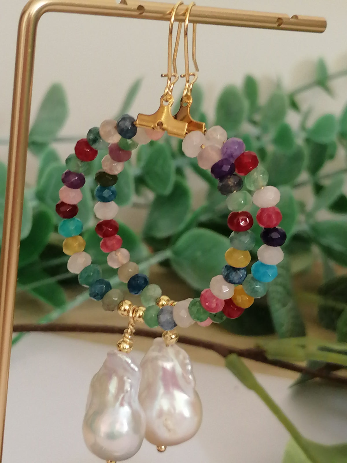 Mixed Quartz Hoop Earrings with Baroque Pearl Drops