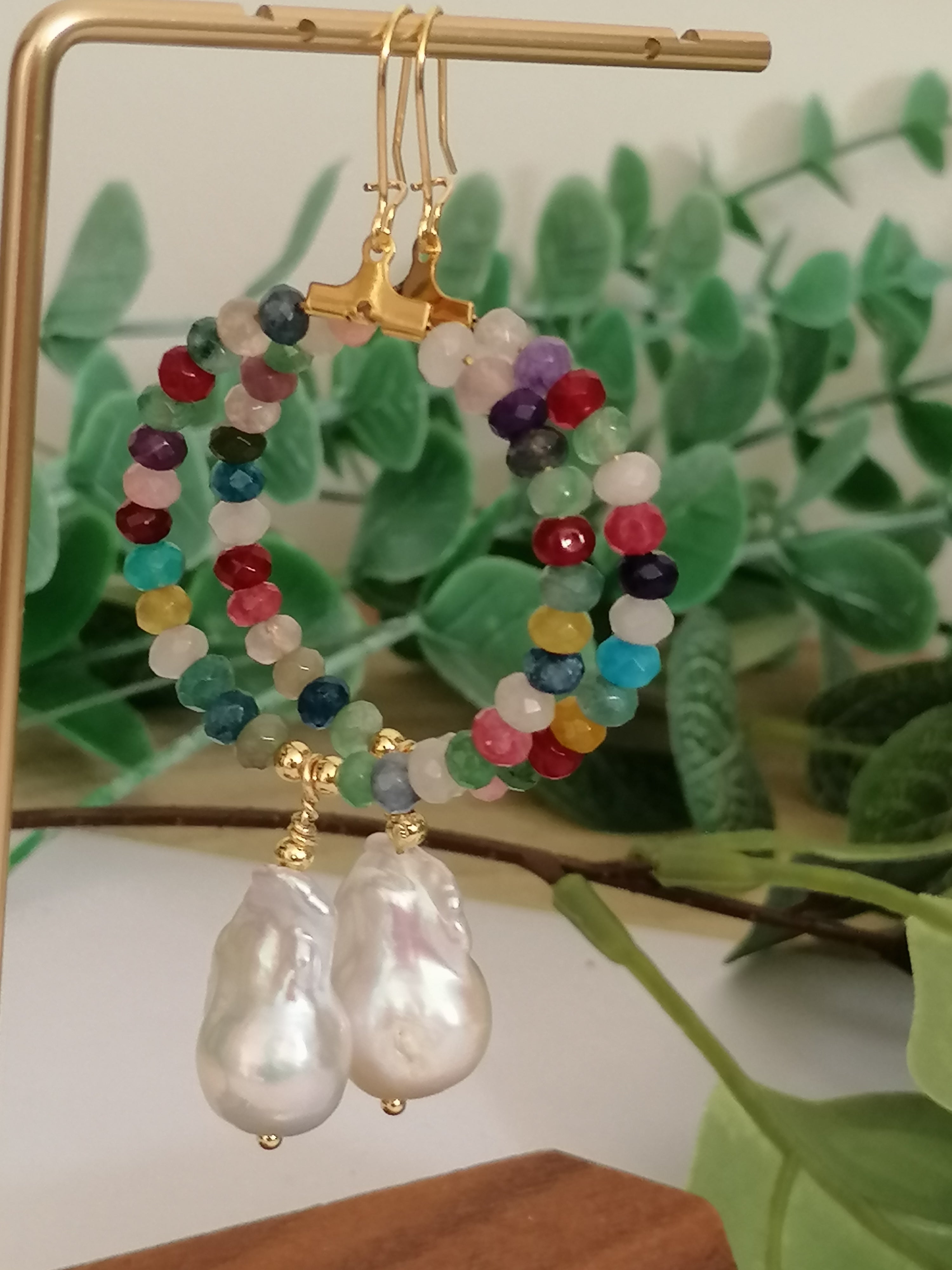 Mixed Quartz Hoop Earrings with Baroque Pearl Drops
