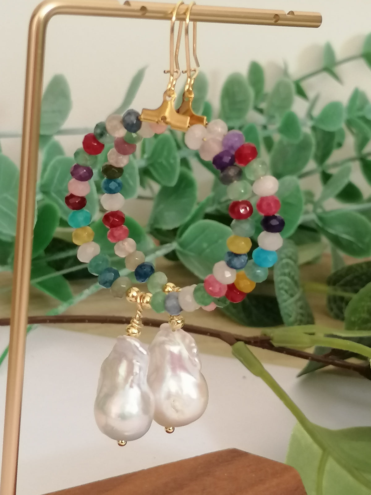 Mixed Quartz Hoop Earrings with Baroque Pearl Drops
