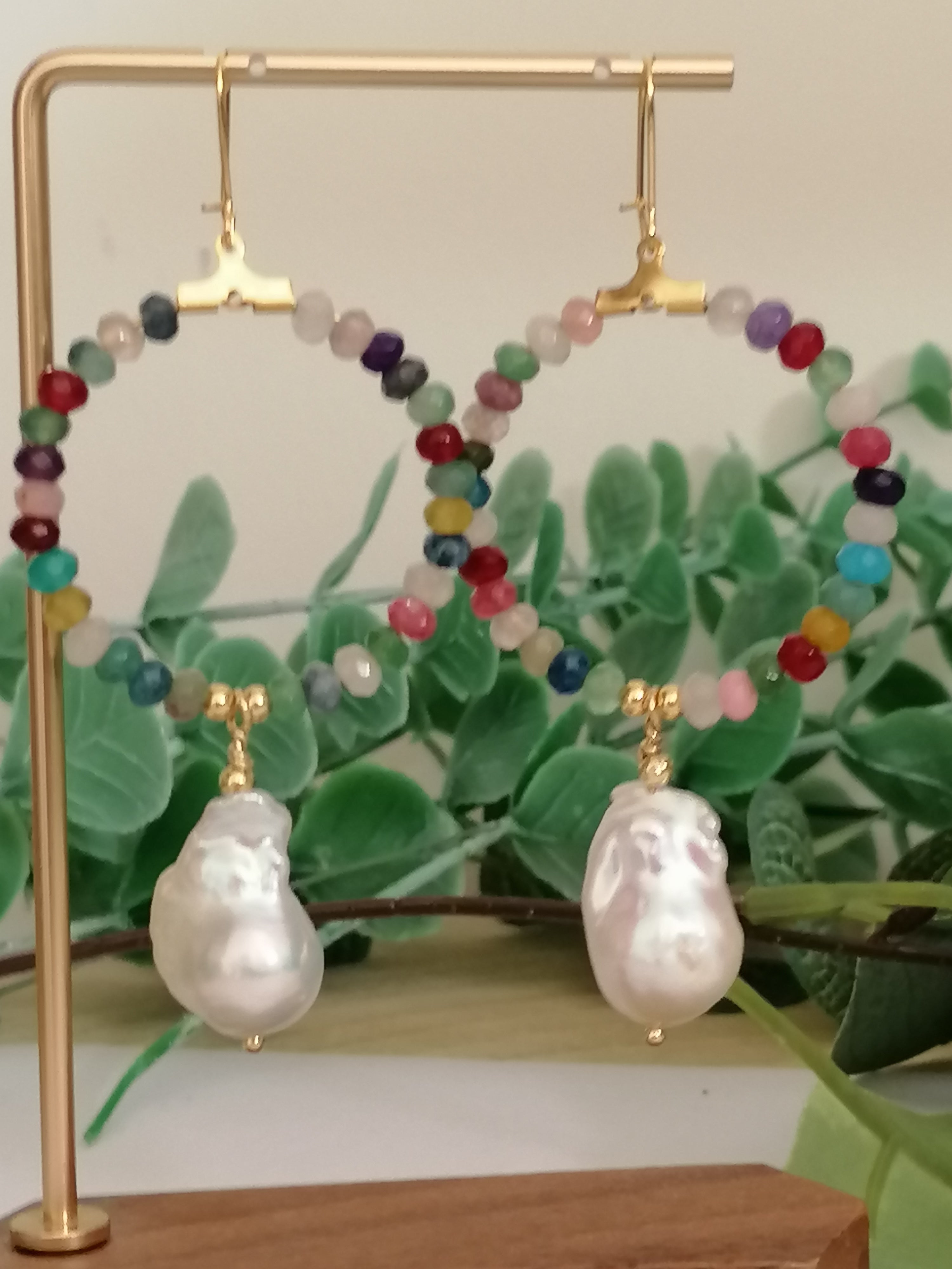Mixed Quartz Hoop Earrings with Baroque Pearl Drops