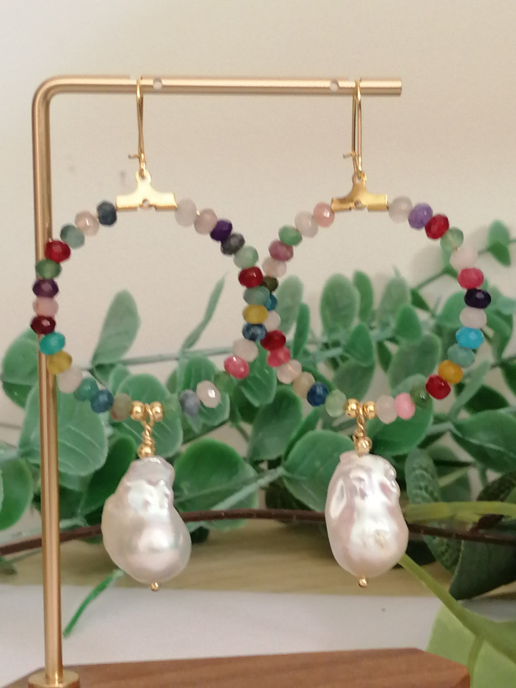 Mixed Quartz Hoop Earrings with Baroque Pearl Drops
