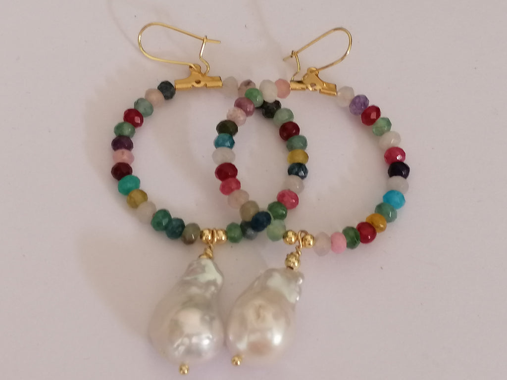 Mixed Quartz Hoop Earrings with Baroque Pearl Drops