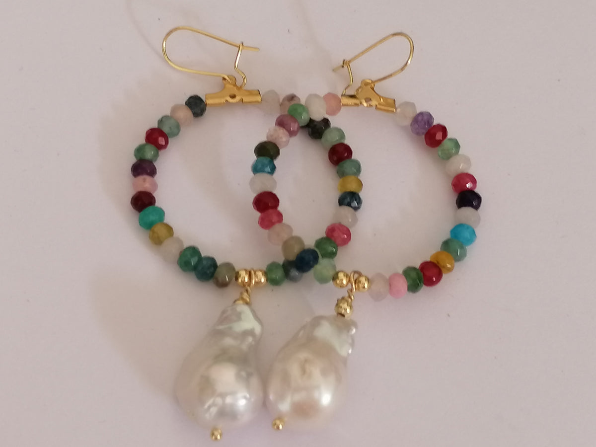 Mixed Quartz Hoop Earrings with Baroque Pearl Drops