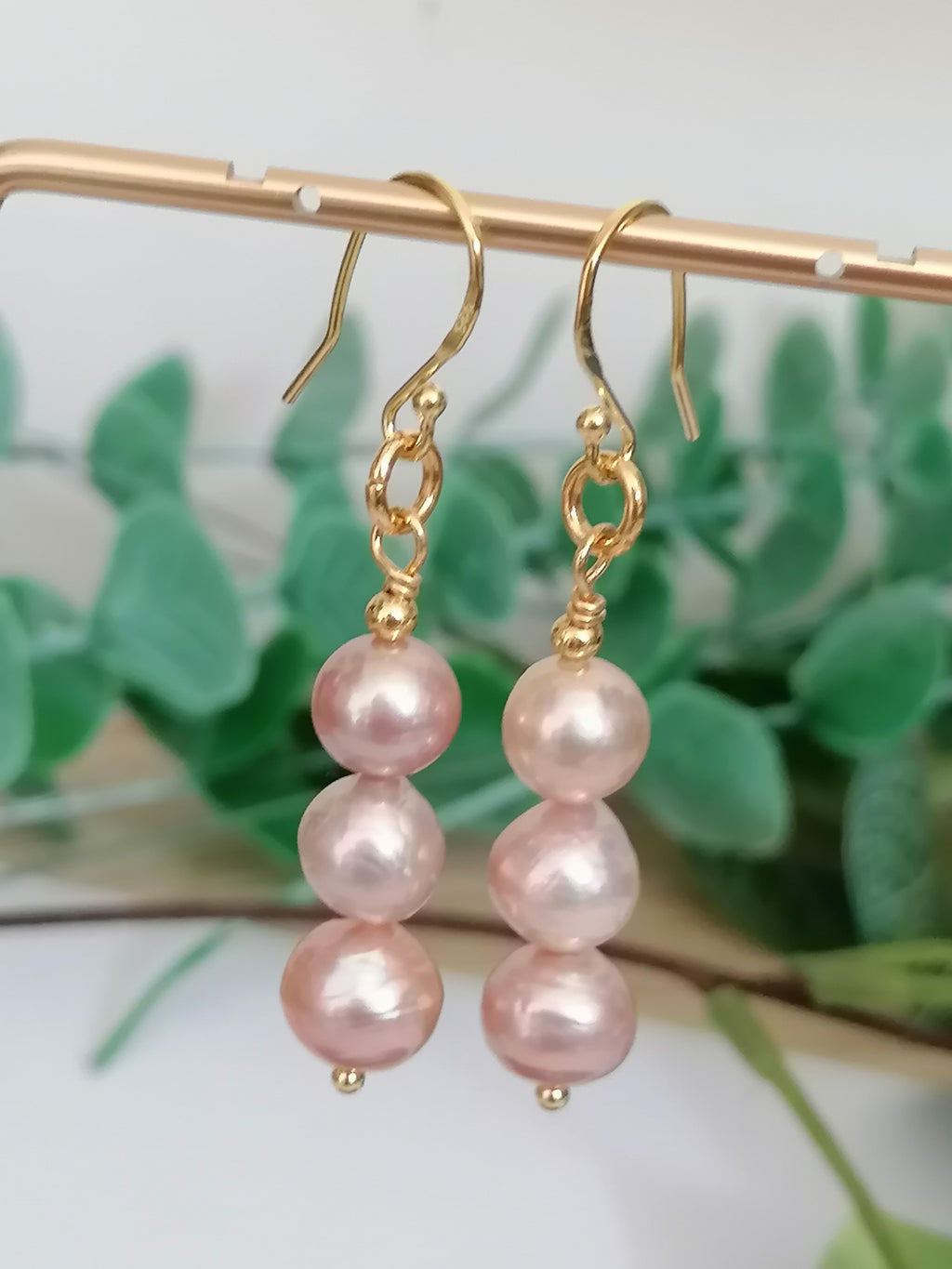 Stacked Pink Blush Cultured Freshwater Pearl Drop Earrings | 24ct Gold Vermeil