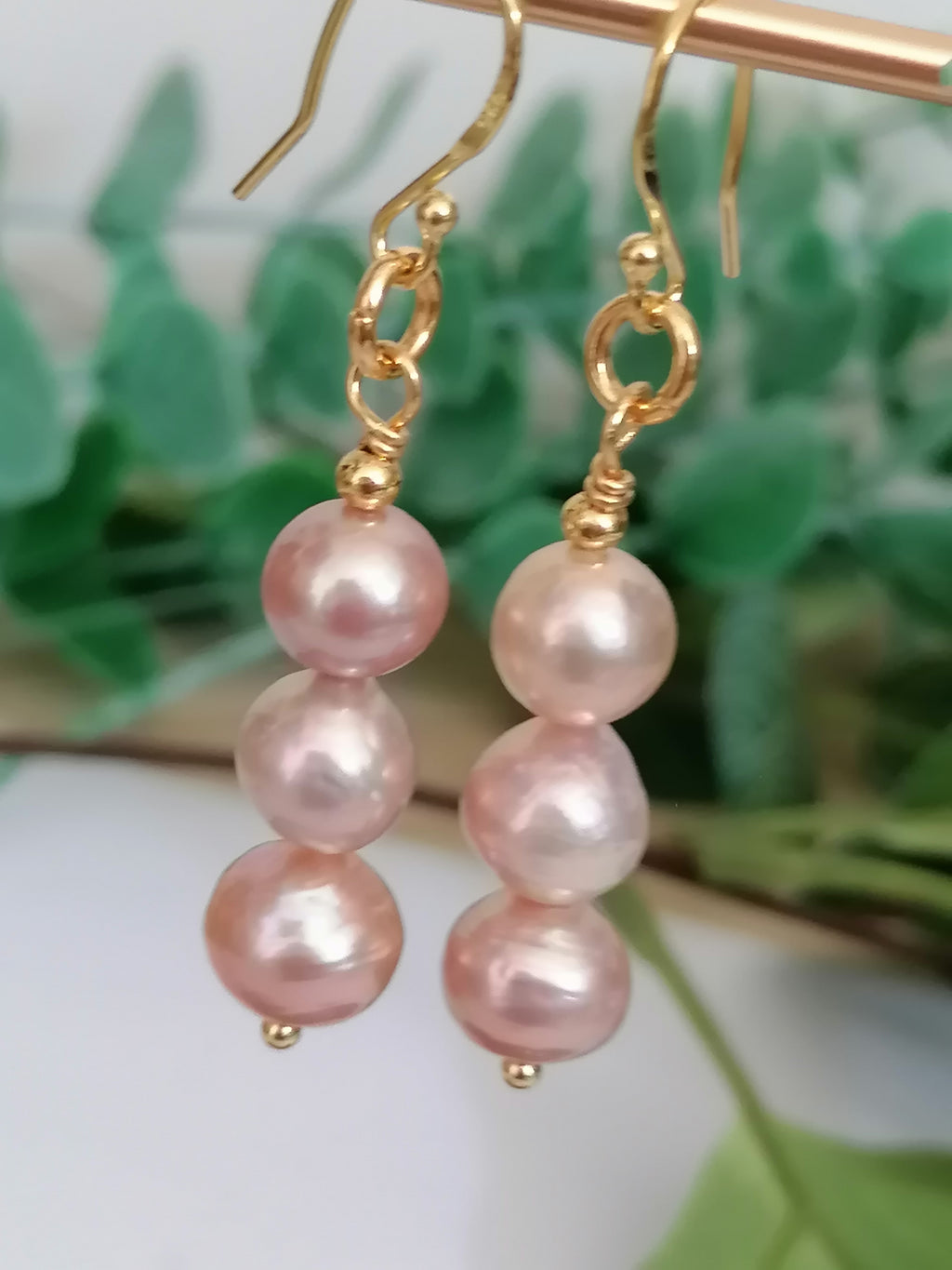 Stacked Pink Blush Cultured Freshwater Pearl Drop Earrings | 24ct Gold Vermeil