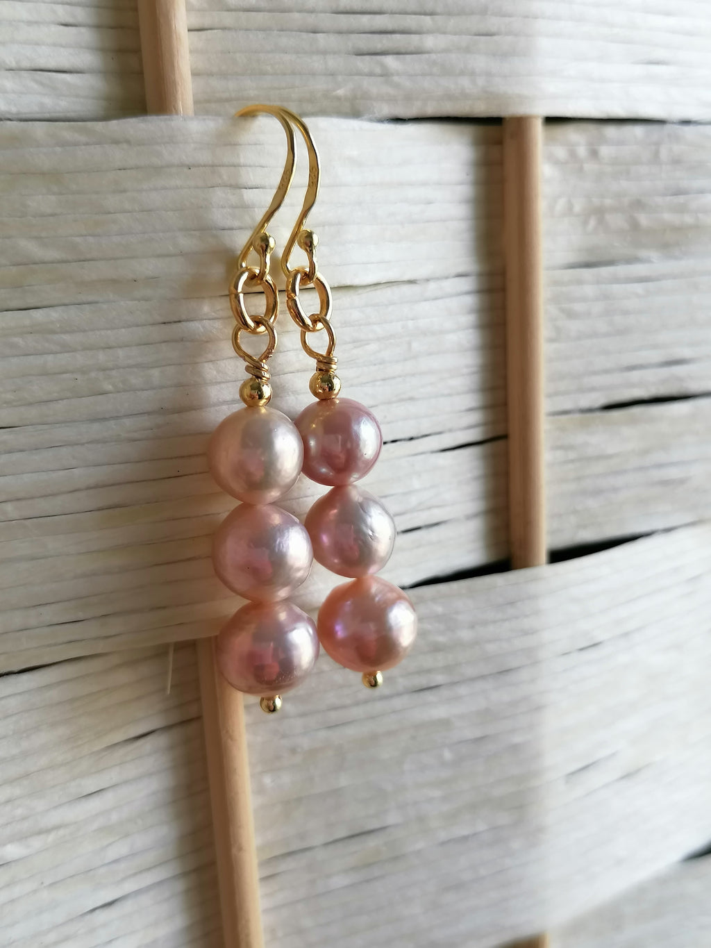 Stacked Pink Blush Cultured Freshwater Pearl Drop Earrings | 24ct Gold Vermeil