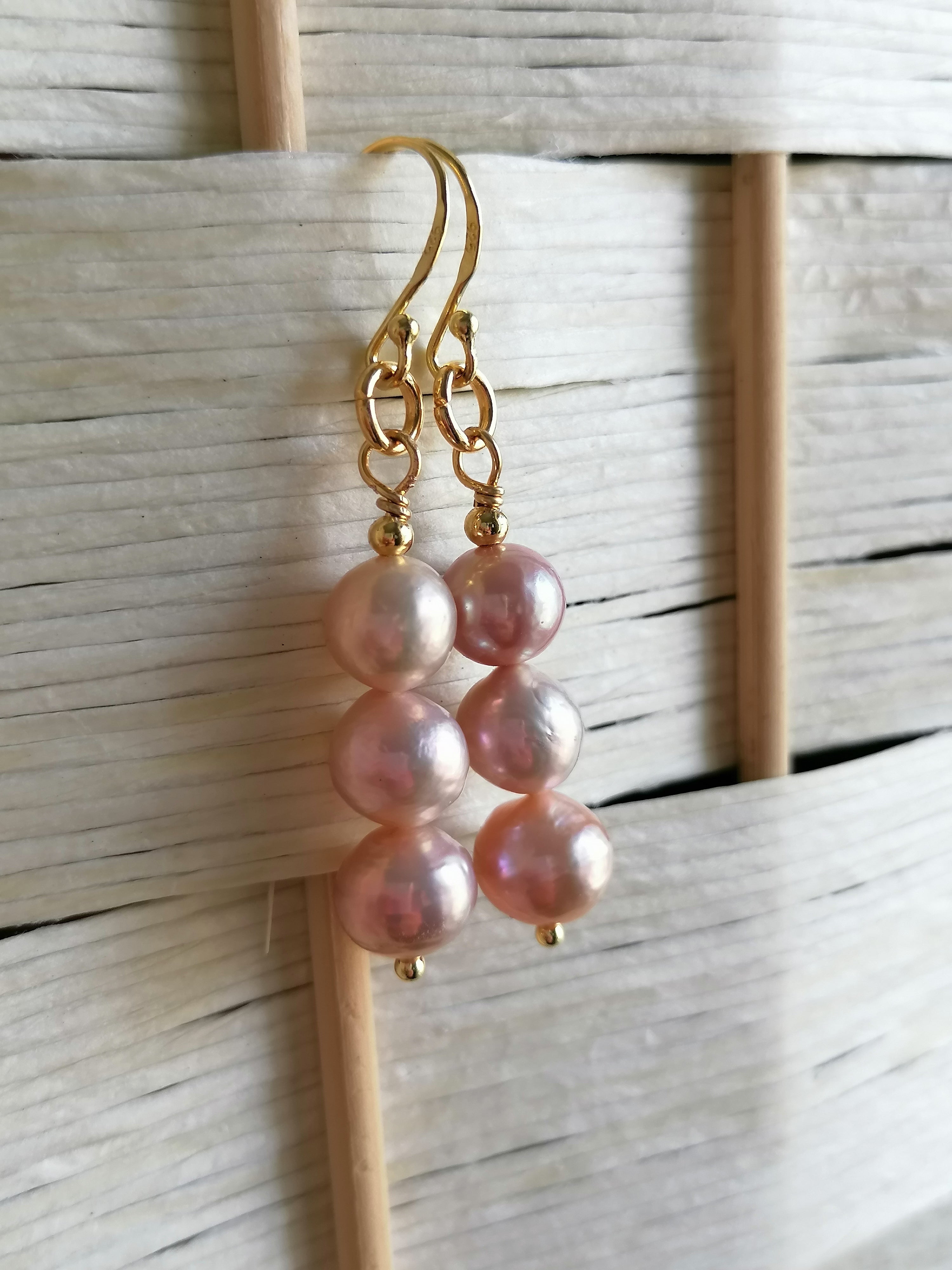 Stacked Pink Blush Cultured Freshwater Pearl Drop Earrings | 24ct Gold Vermeil