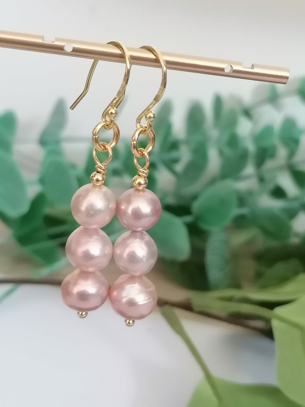 Stacked Pink Blush Cultured Freshwater Pearl Drop Earrings | 24ct Gold Vermeil