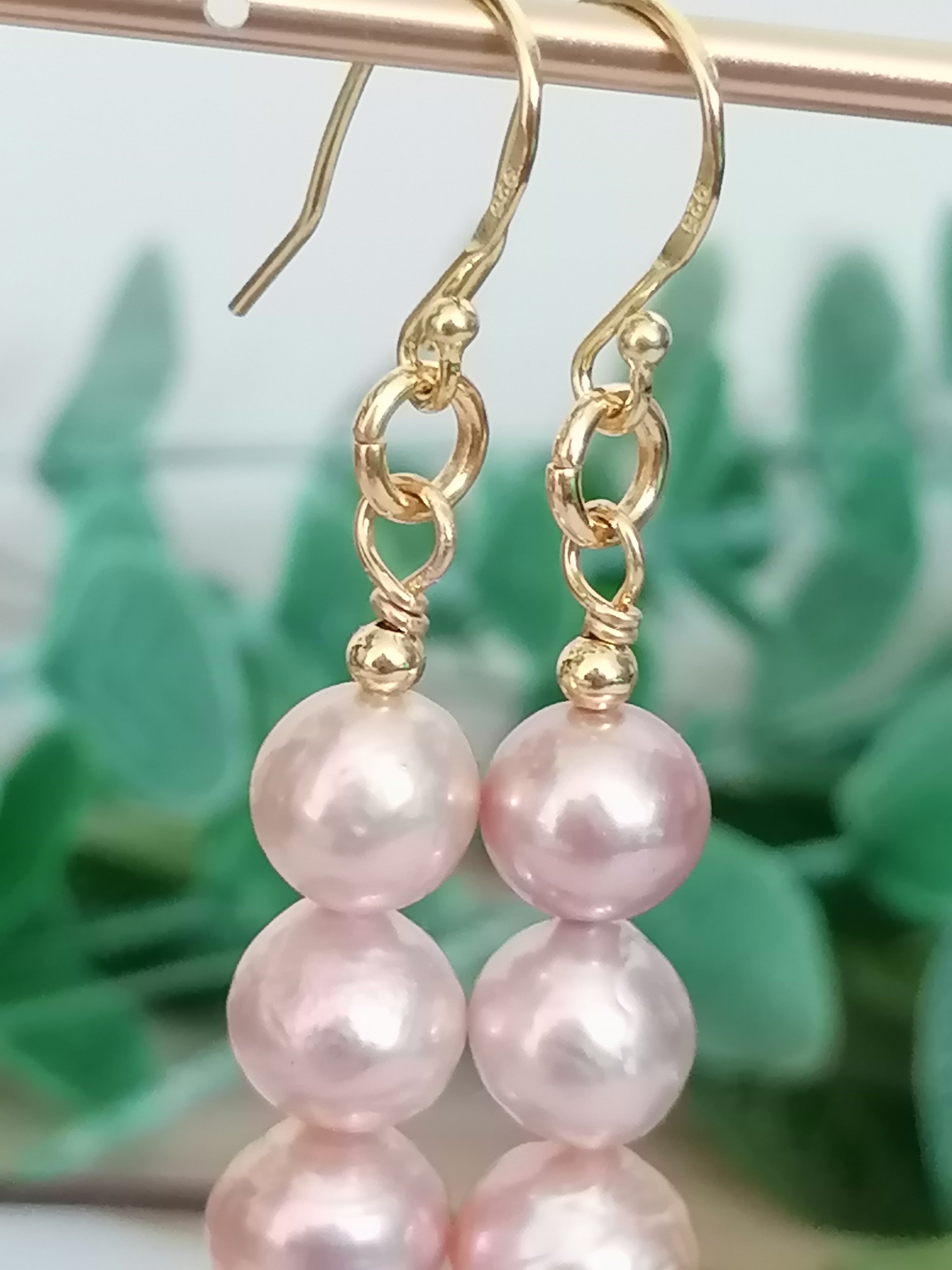 Stacked Pink Blush Cultured Freshwater Pearl Drop Earrings | 24ct Gold Vermeil