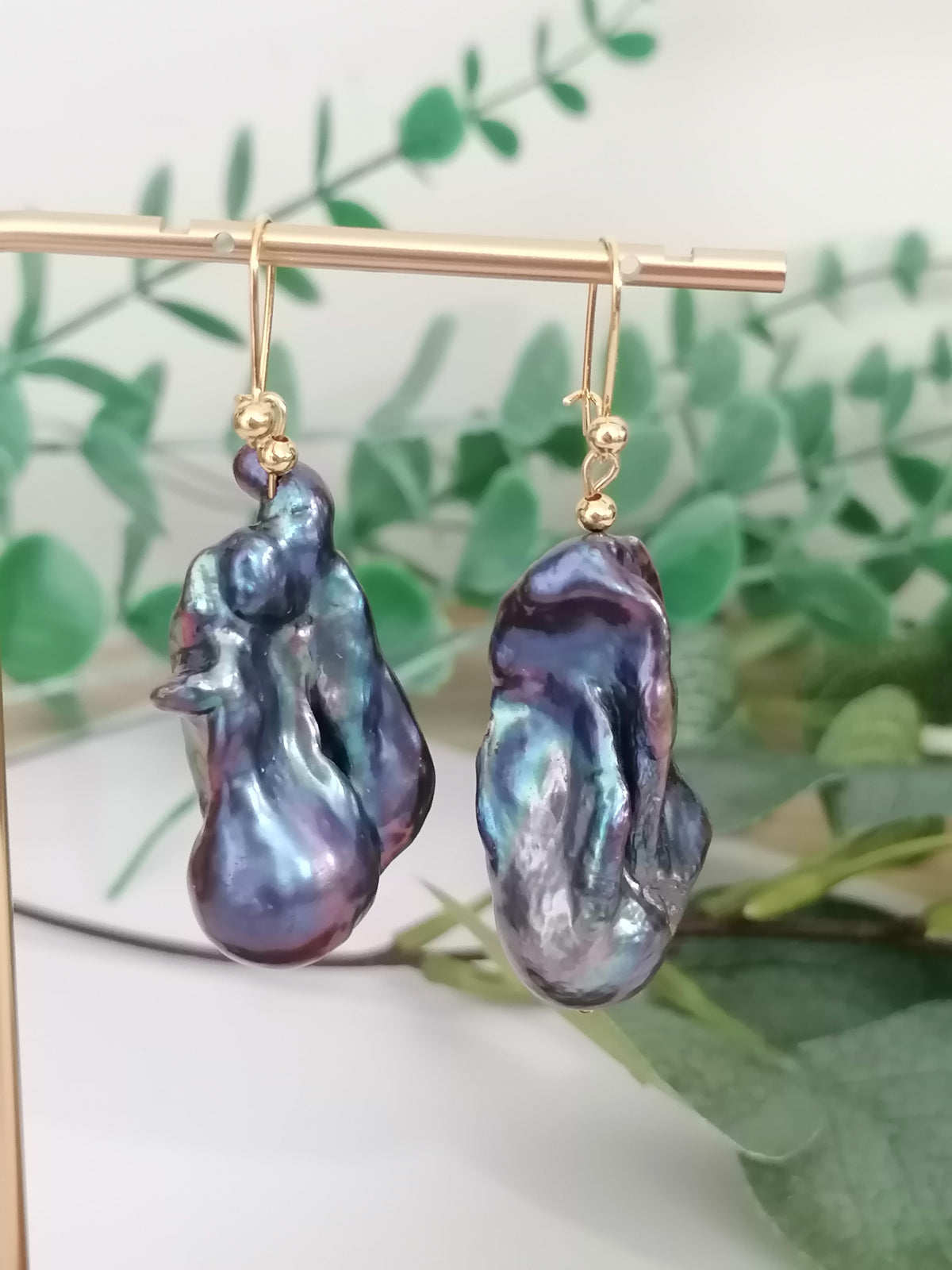 Cultured Freshwater Baroque Flameball Pearl Earrings | Peacock | Gold Plated