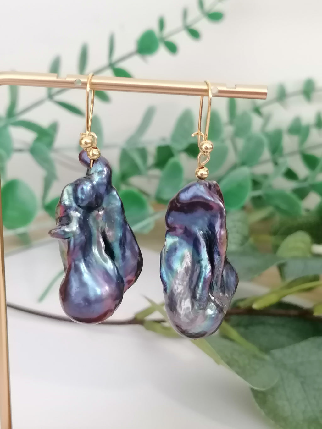 Cultured Freshwater Baroque Flameball Pearl Earrings | Peacock | Gold Plated