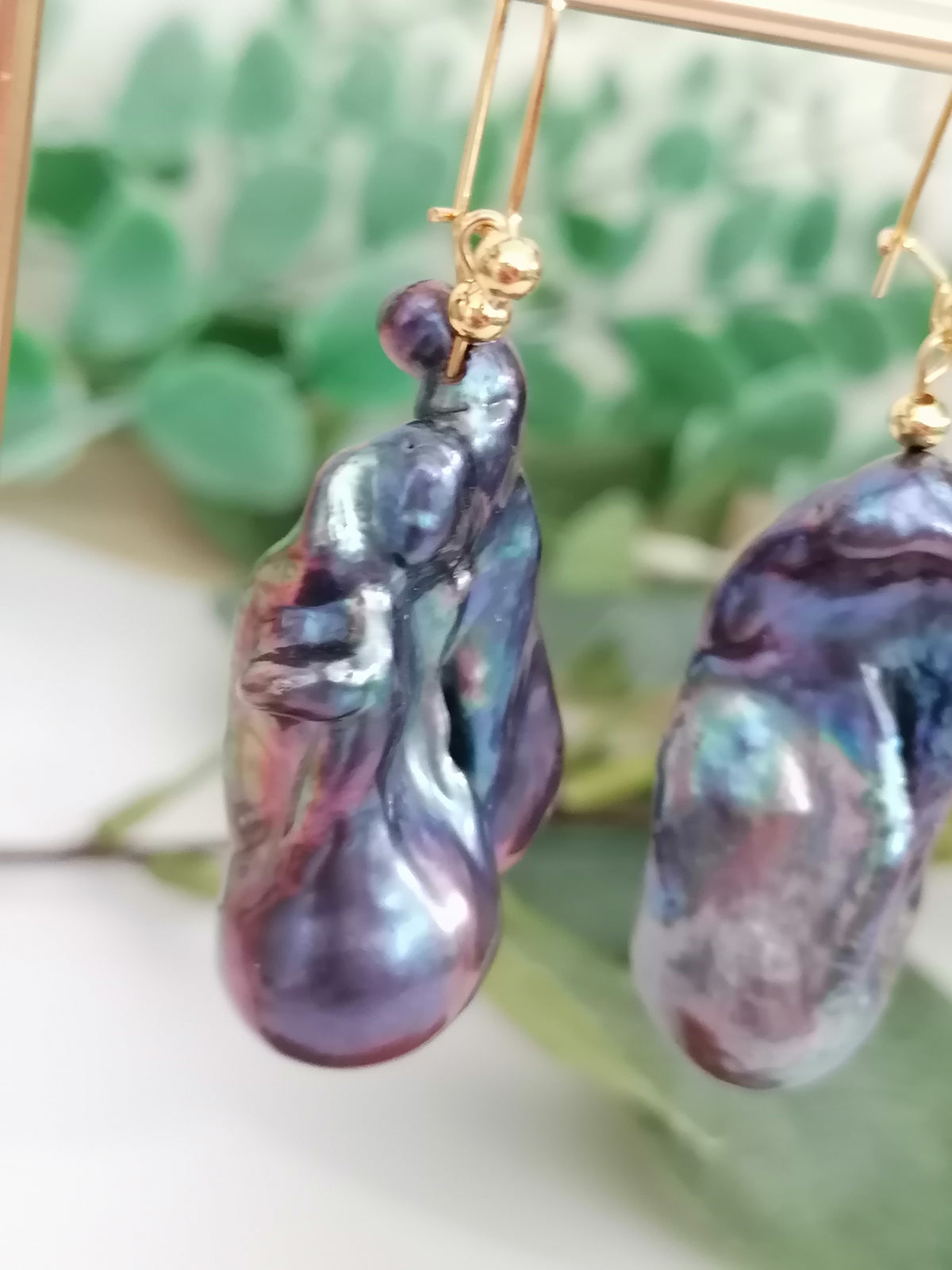 Cultured Freshwater Baroque Flameball Pearl Earrings | Peacock | Gold Plated