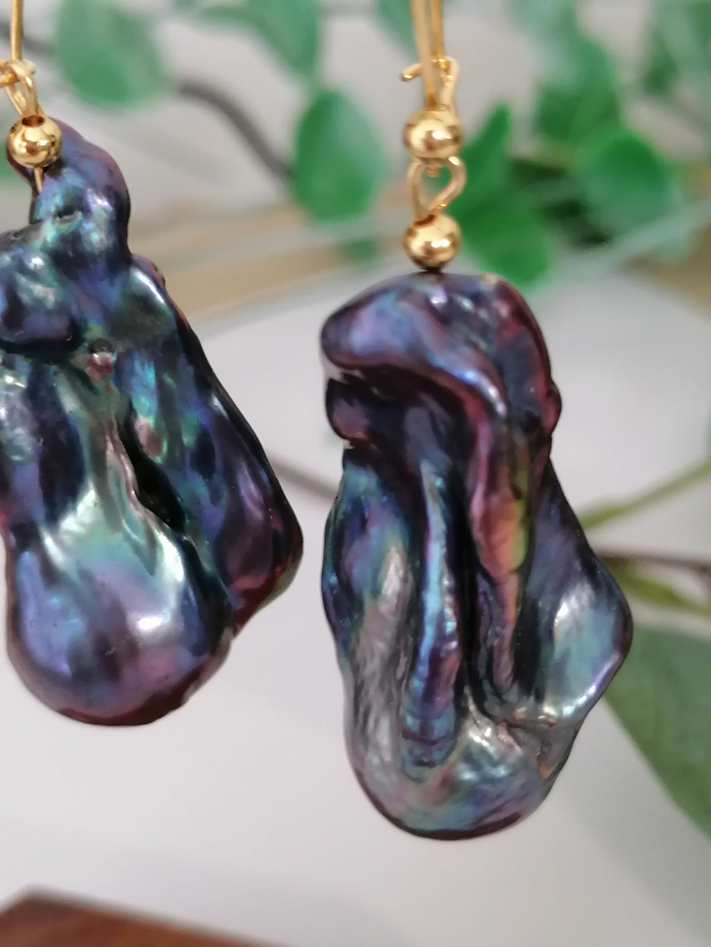 Cultured Freshwater Baroque Flameball Pearl Earrings | Peacock | Gold Plated