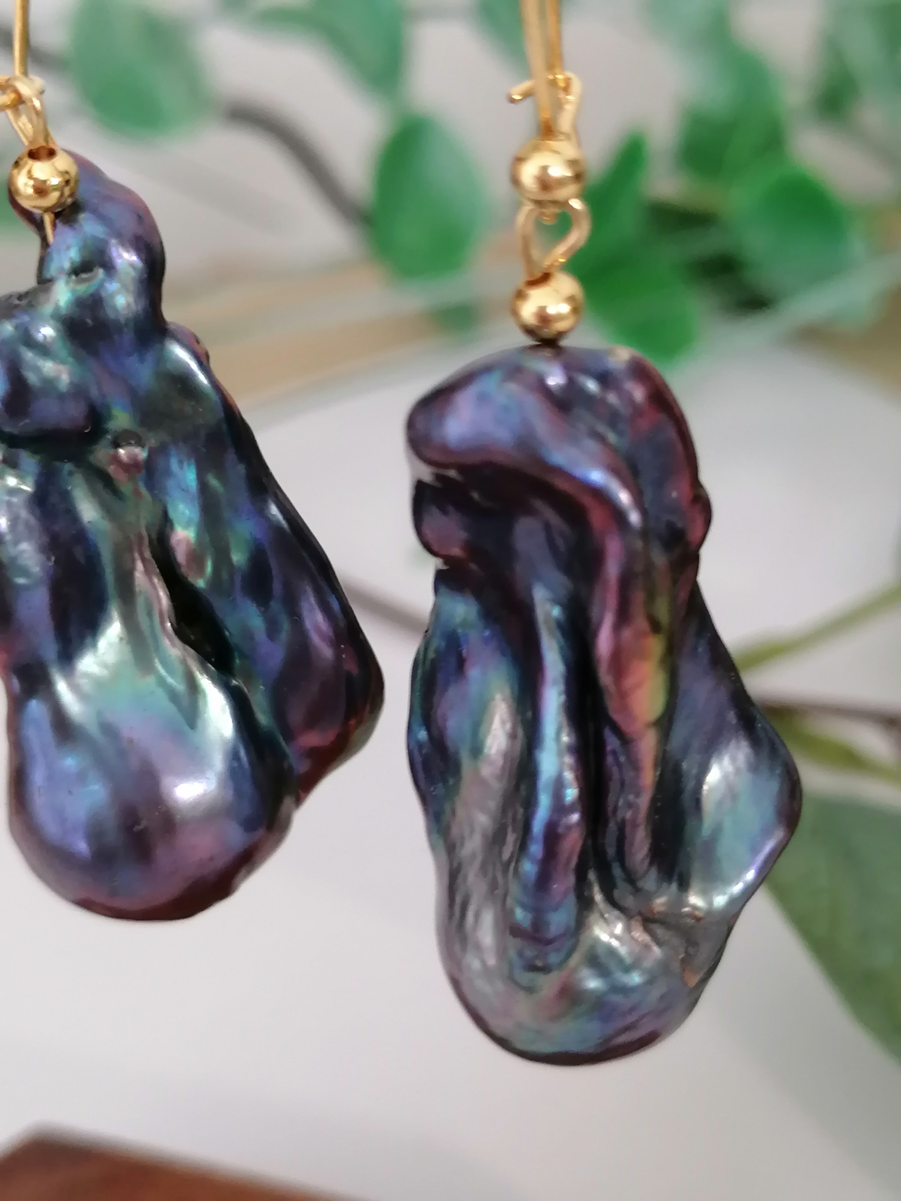 Cultured Freshwater Baroque Flameball Pearl Earrings | Peacock | Gold Plated