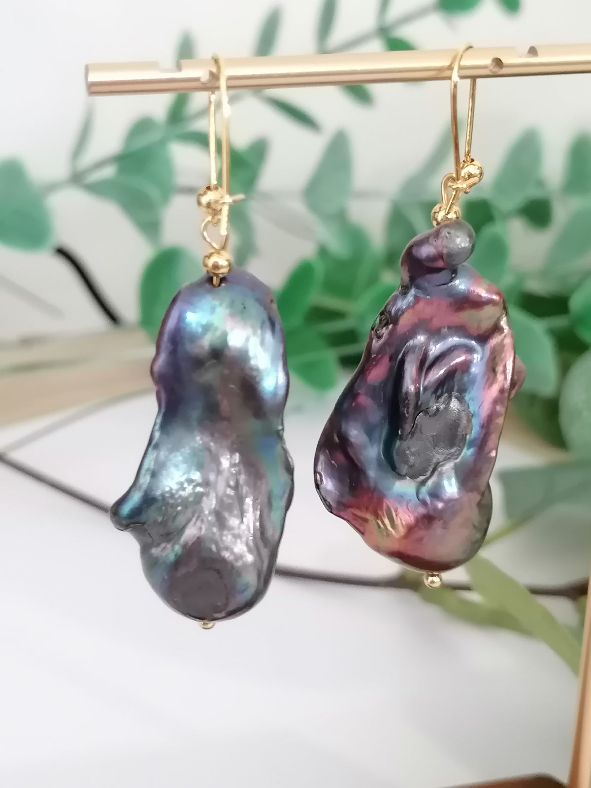 Cultured Freshwater Baroque Flameball Pearl Earrings | Peacock | Gold Plated