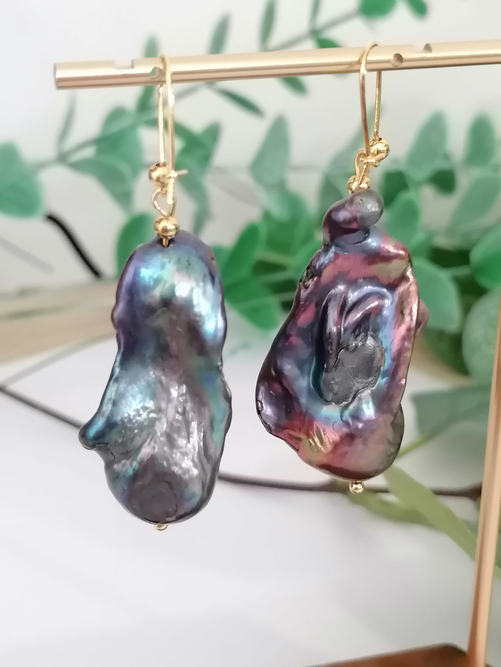 Cultured Freshwater Baroque Flameball Pearl Earrings | Peacock | Gold Plated