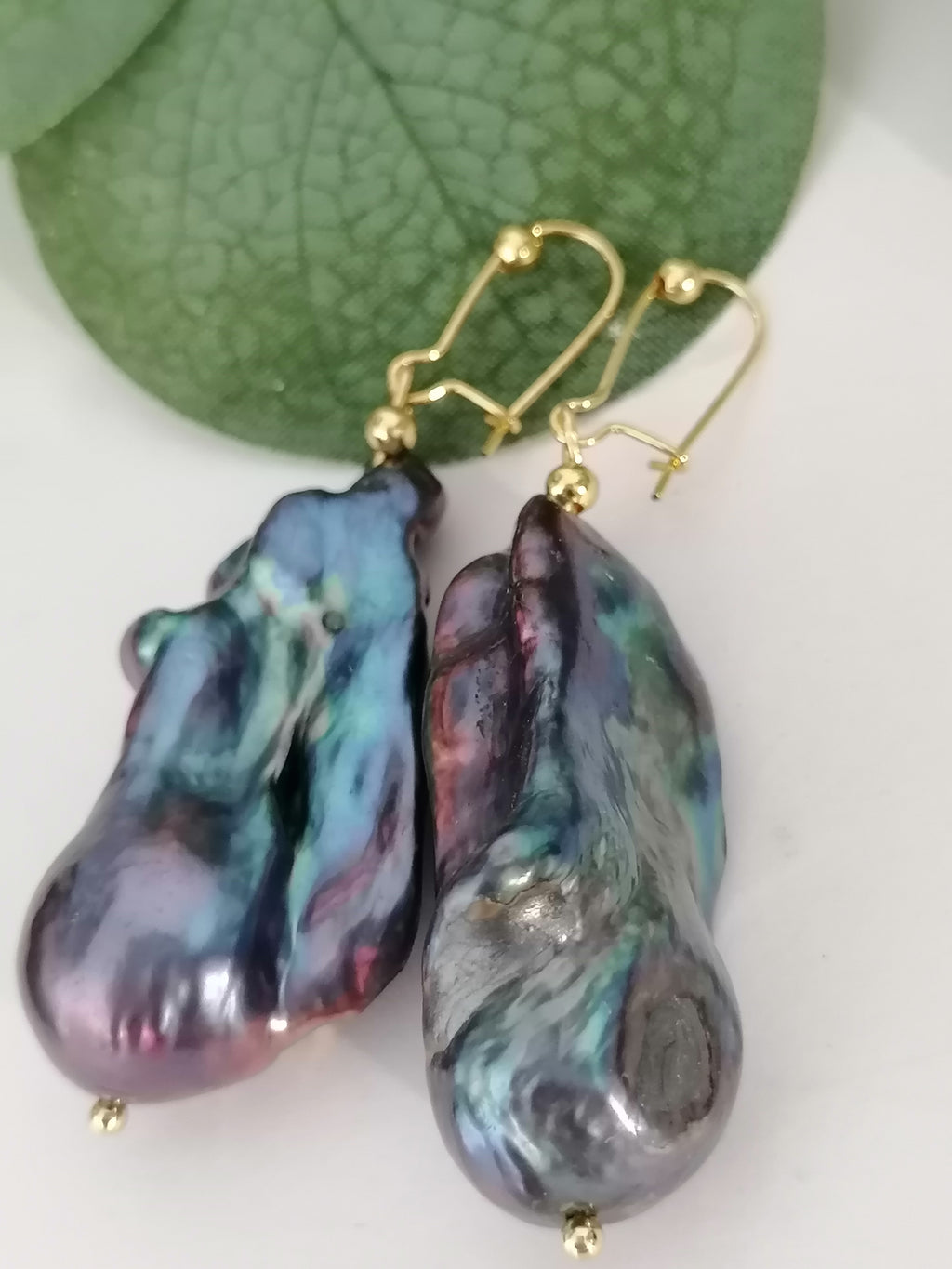 Cultured Freshwater Baroque Flameball Pearl Earrings | Peacock | Gold Plated