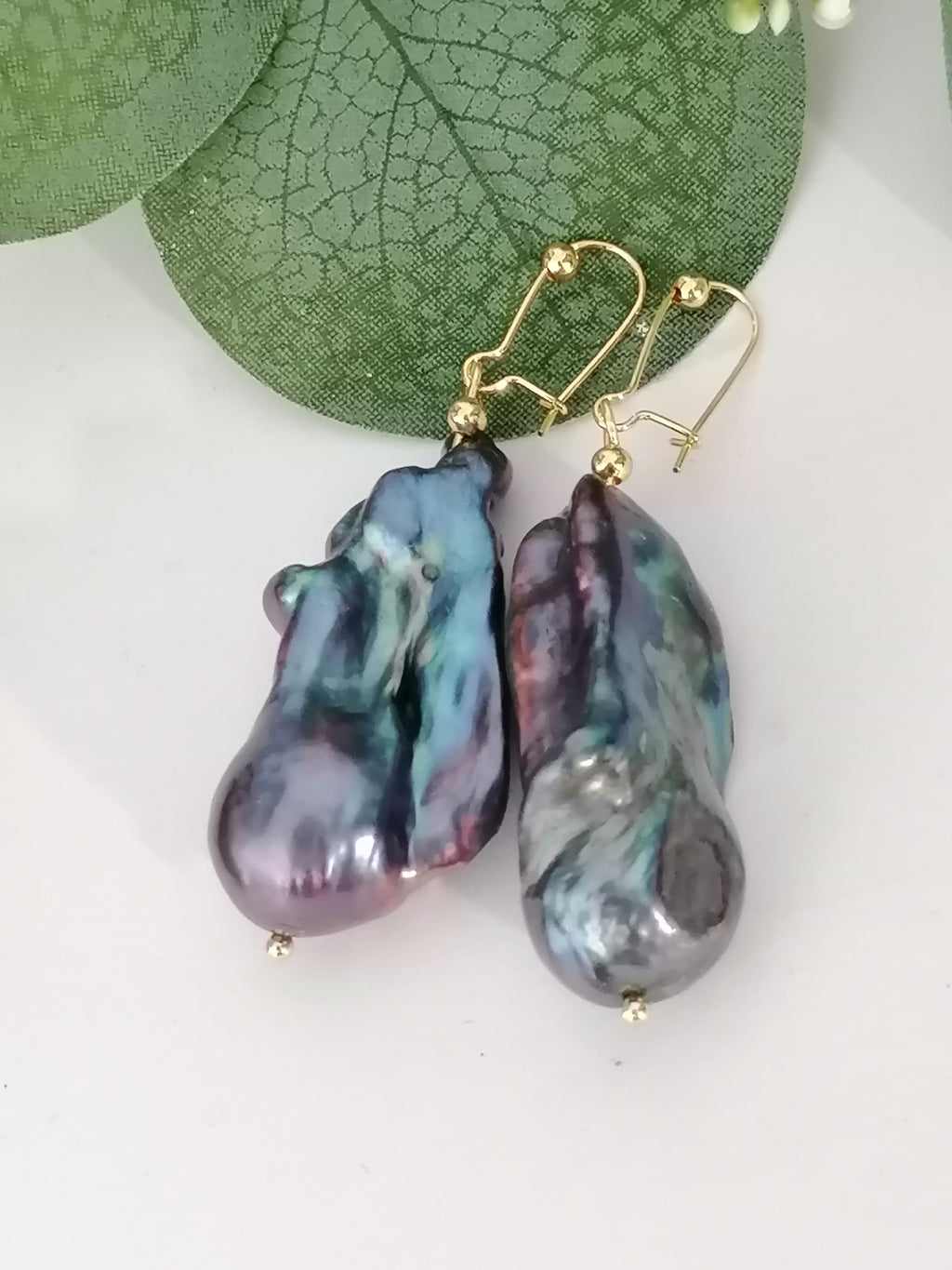Cultured Freshwater Baroque Flameball Pearl Earrings | Peacock | Gold Plated